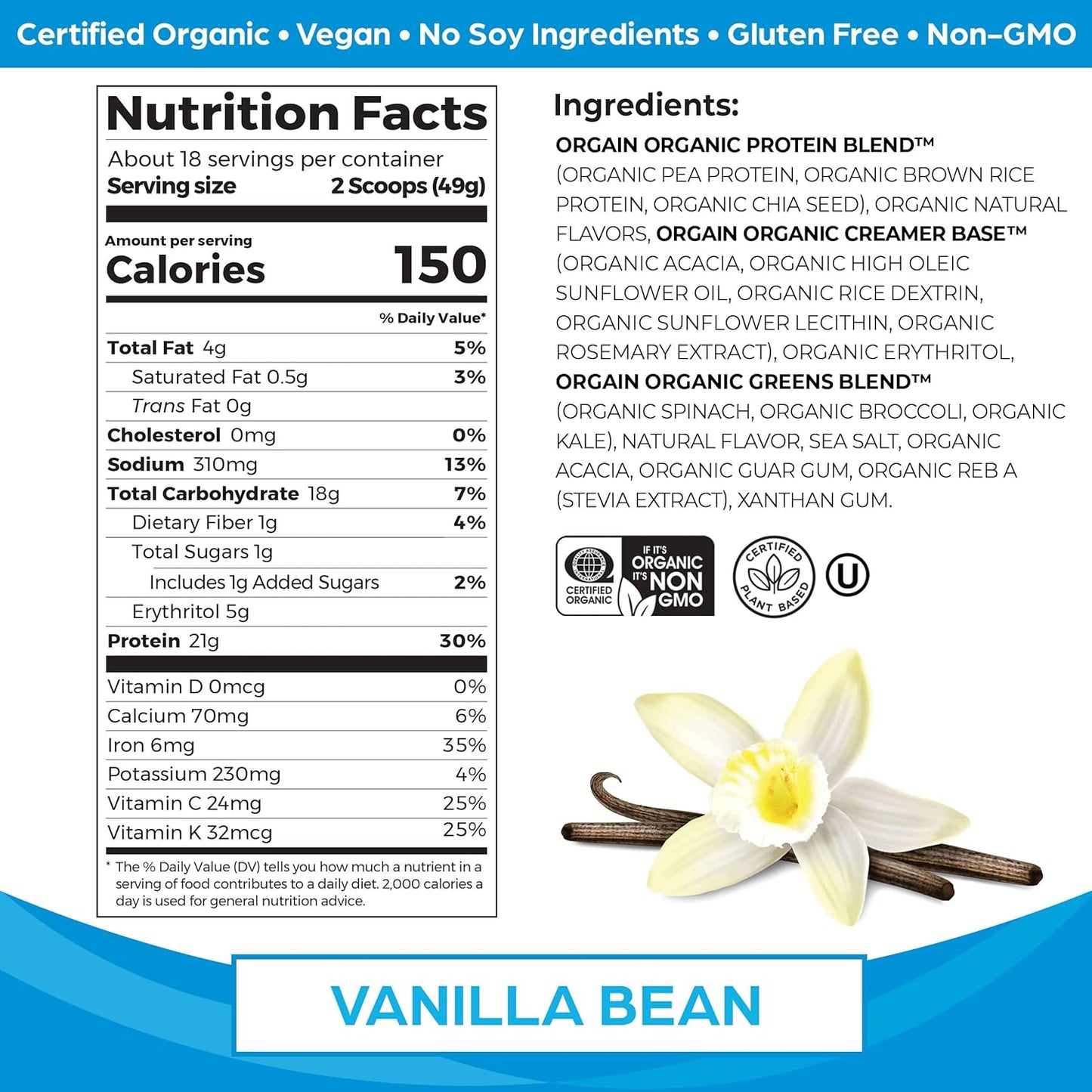 Orgain Organic Vegan Protein Powder with Greens, Vanilla Bean - 21g Protein, 6g Fiber, Gluten Free, No Sugar Added - 1.94lb