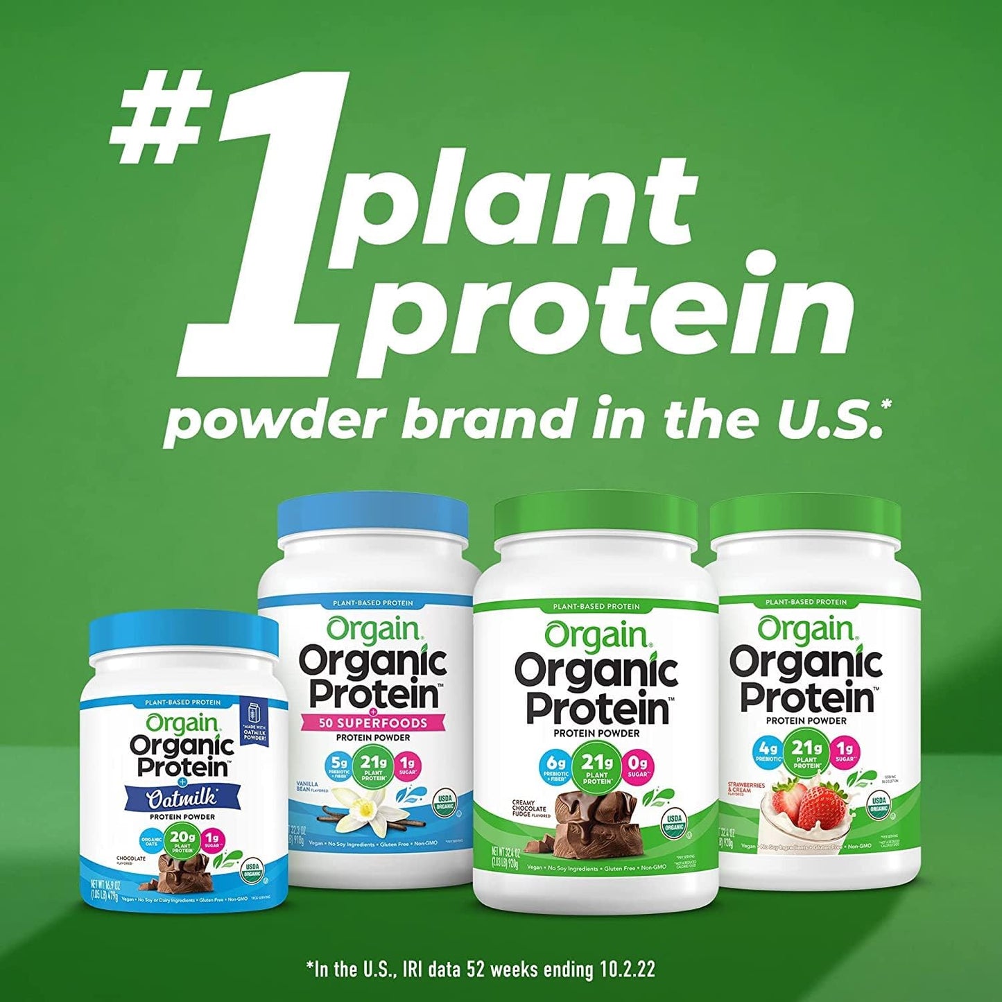 Orgain Organic Vegan Protein Powder with Greens, Vanilla Bean - 21g Protein, 6g Fiber, Gluten Free, No Sugar Added - 1.94lb