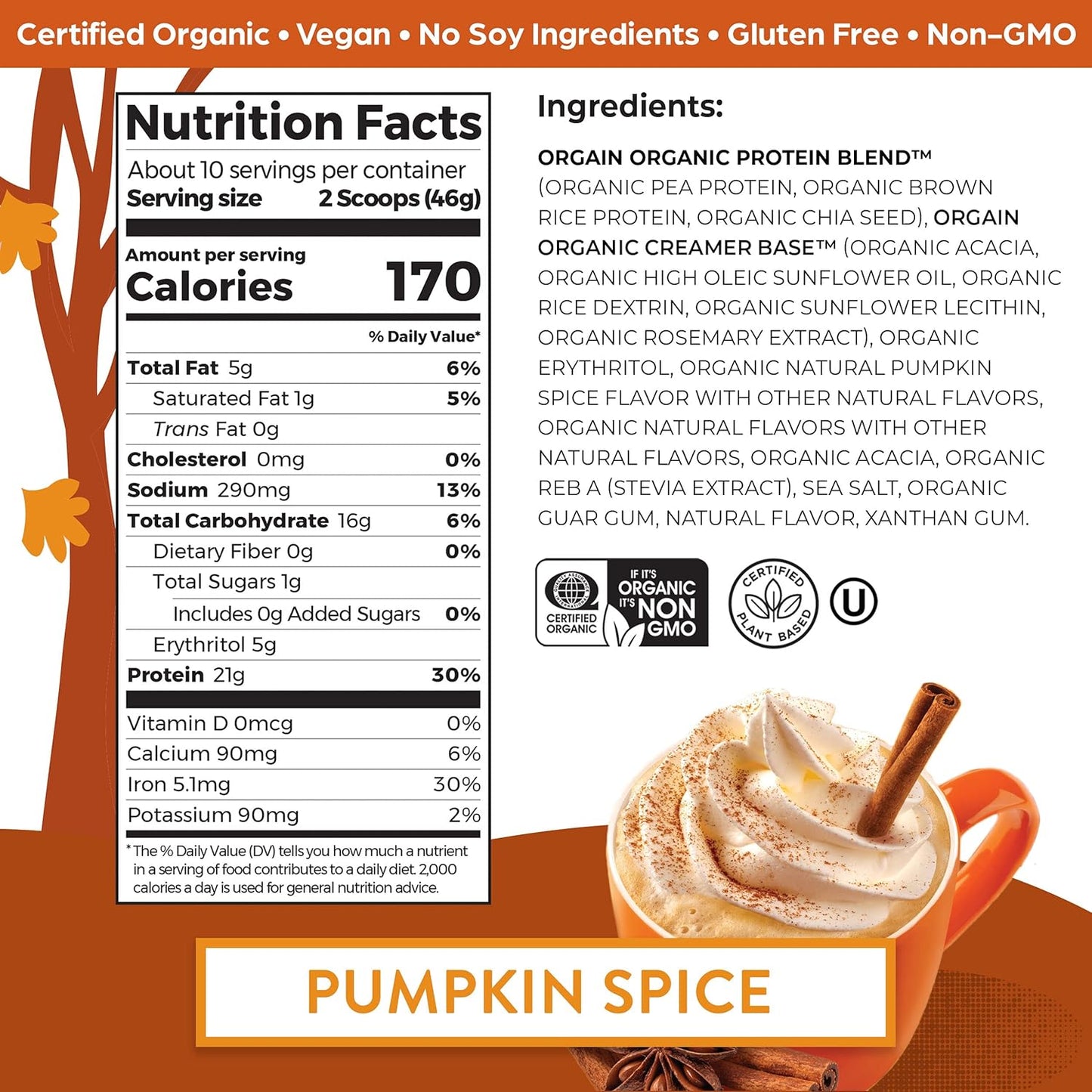 Orgain Organic Vegan Pumpkin Spice Protein Powder - 21g Plant Protein, 5g Fiber, No Lactose, No Added Sugar, Non-GMO - 1.02 lb
