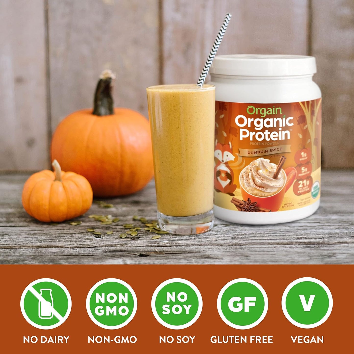 Orgain Organic Vegan Pumpkin Spice Protein Powder - 21g Plant Protein, 5g Fiber, No Lactose, No Added Sugar, Non-GMO - 1.02 lb