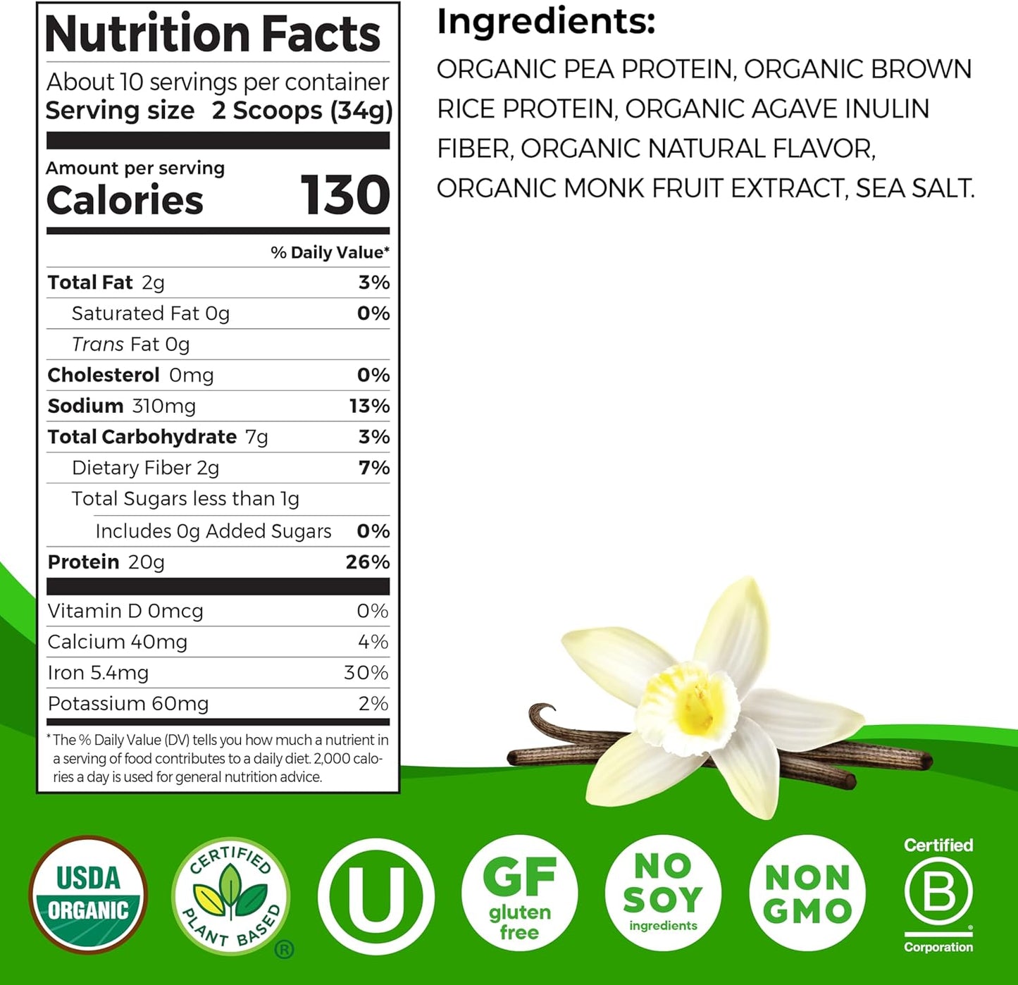 Orgain Organic Vegan Vanilla Protein Powder - 20g Plant Protein, 6 Clean Ingredients, Gluten Free, Non-GMO