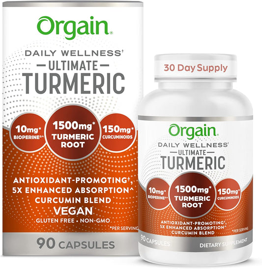 Orgain Ultimate Turmeric Supplement 1500mg with Curcumin, Bioperine, and Black Pepper Extract - 90 Capsules, Supports Antioxidant and Heart Health, 1 Month Supply