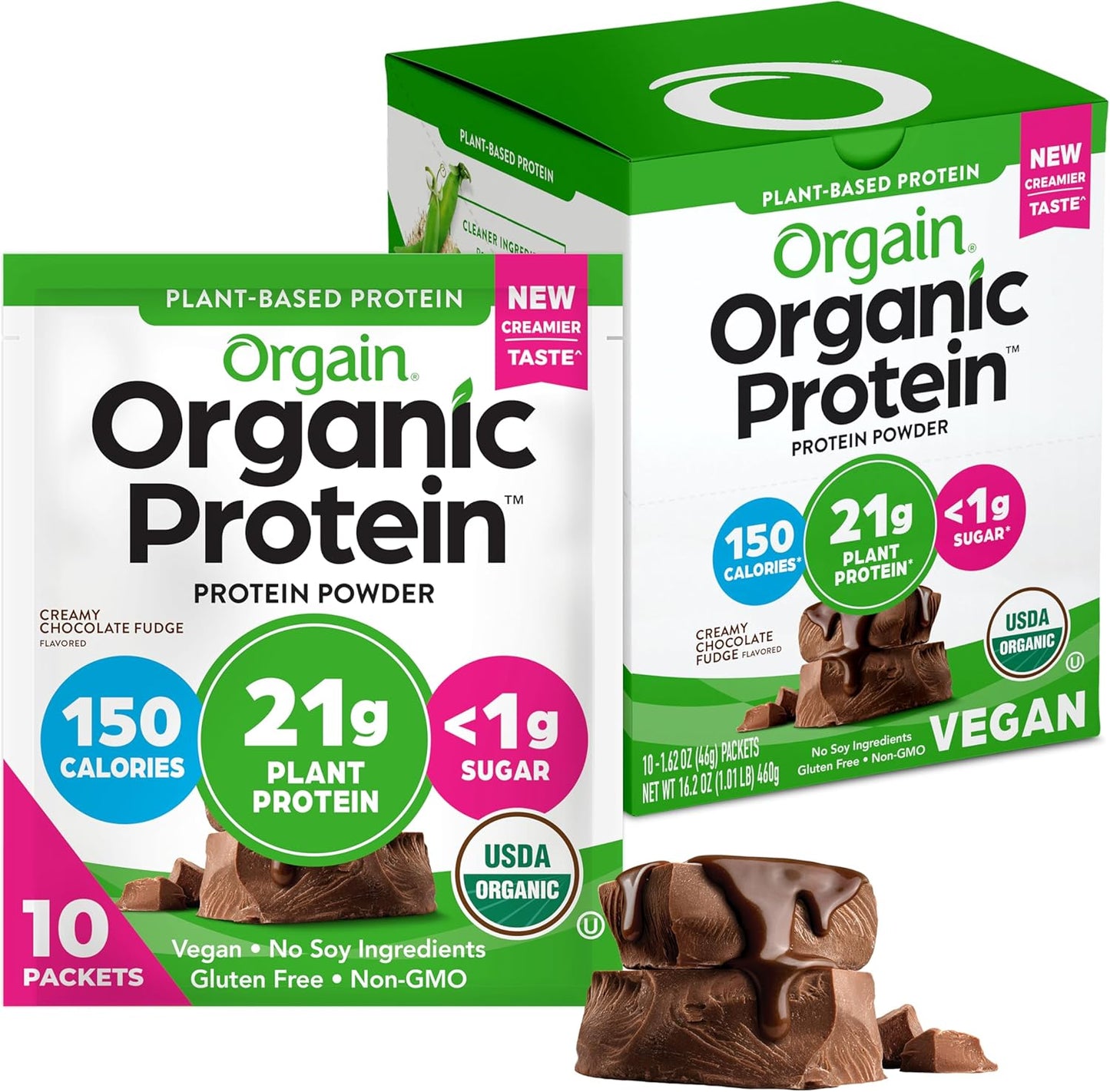 Orgain Vegan Protein Powder, Creamy Chocolate Fudge - 21g Plant Protein, 6g Prebiotic Fiber, No Lactose, Low Carb, Non-GMO - 10 Travel Packs for Shakes & Smoothies