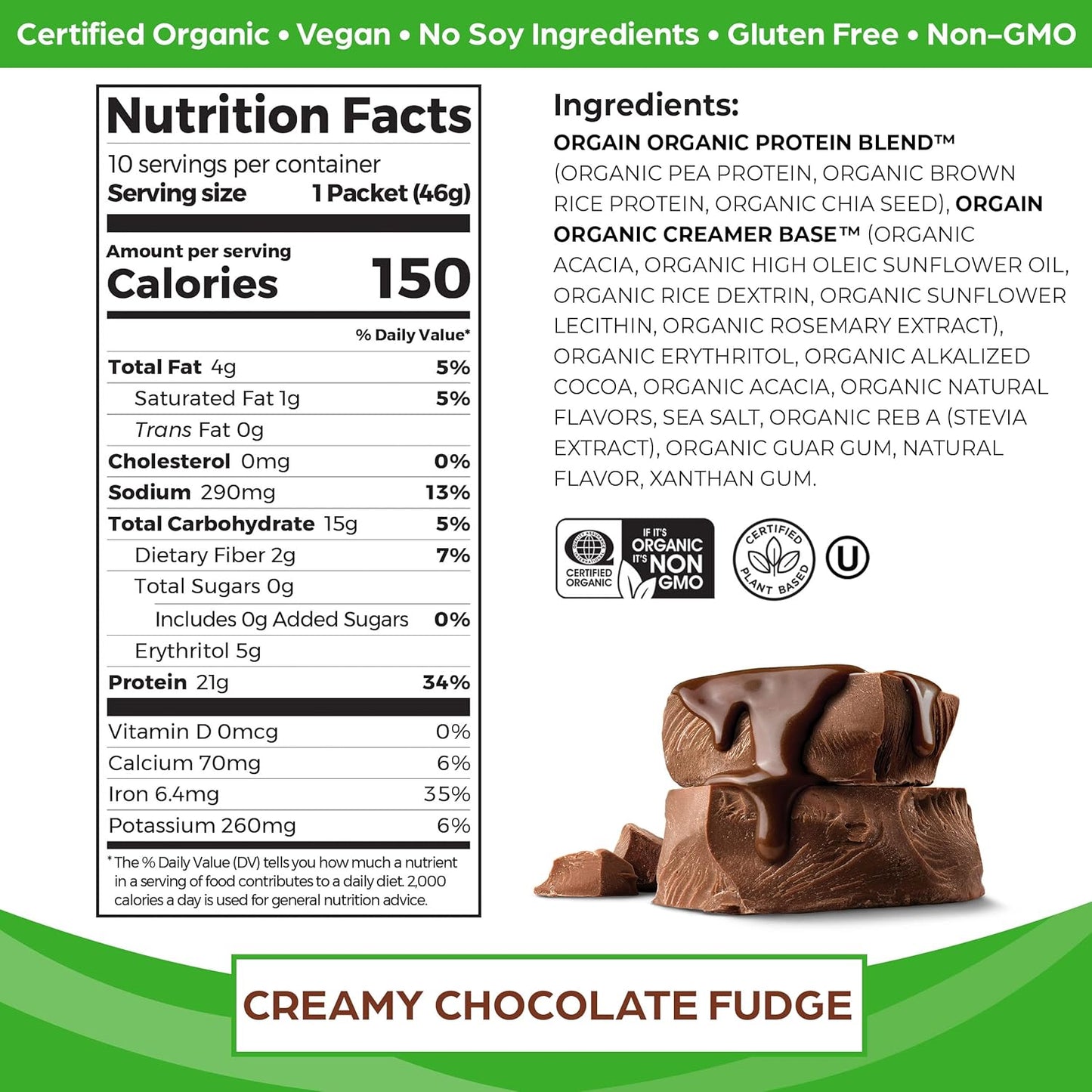 Orgain Vegan Protein Powder, Creamy Chocolate Fudge - 21g Plant Protein, 6g Prebiotic Fiber, No Lactose, Low Carb, Non-GMO - 10 Travel Packs for Shakes & Smoothies