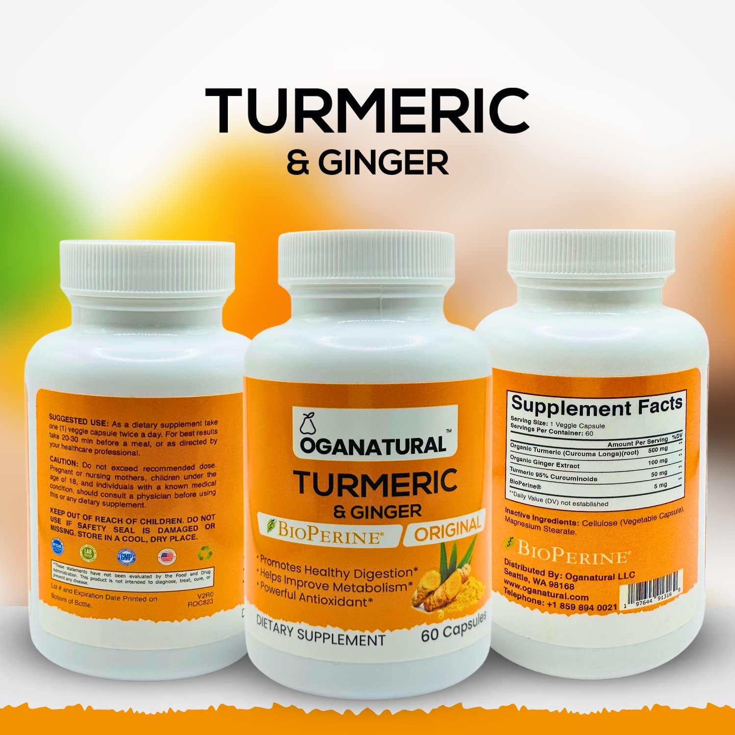 Organatural Turmeric Curcumin with BioPerine & Ginger - 95% Standardized Curcuminoids for Joint Support - Antioxidant Supplement - Non-GMO - 60 Capsules