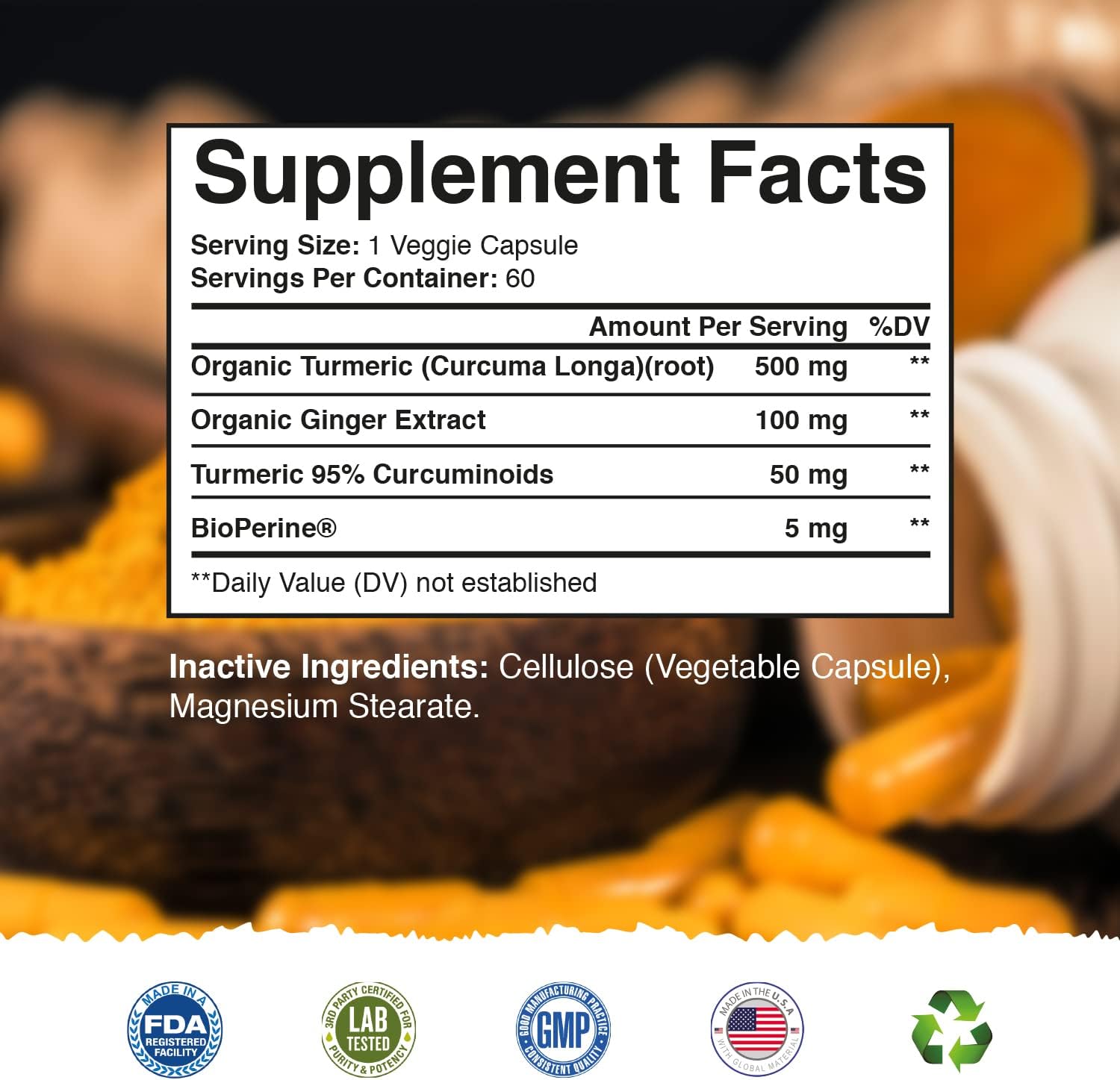 Organatural Turmeric Curcumin with BioPerine & Ginger - 95% Standardized Curcuminoids for Joint Support - Antioxidant Supplement - Non-GMO - 60 Capsules