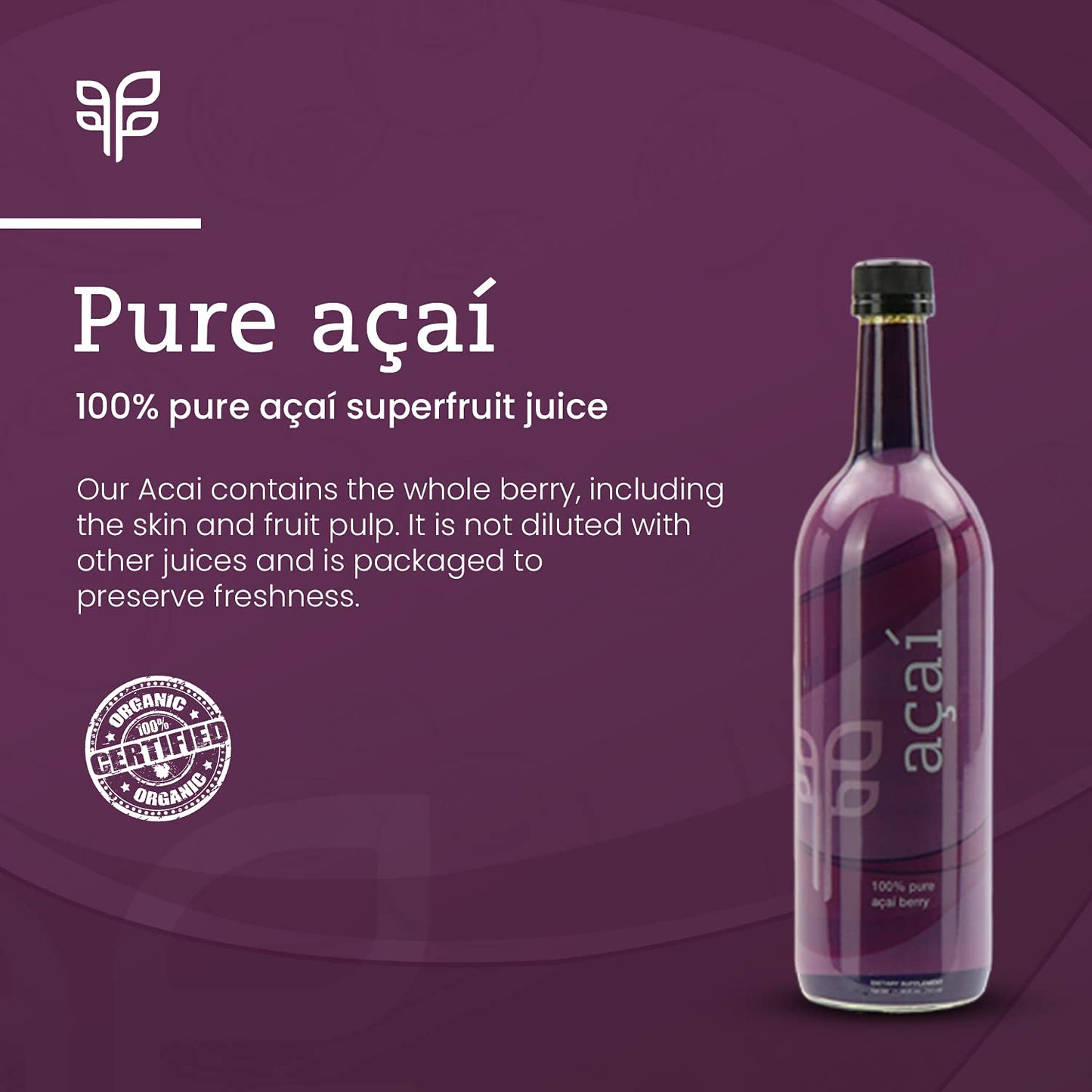 Organic 100% Acai Superfruit Juice (750 ml) - Rich in Antioxidants, Healthy Fats & Phytonutrients. No Added Sugar, Gluten-Free, Kosher