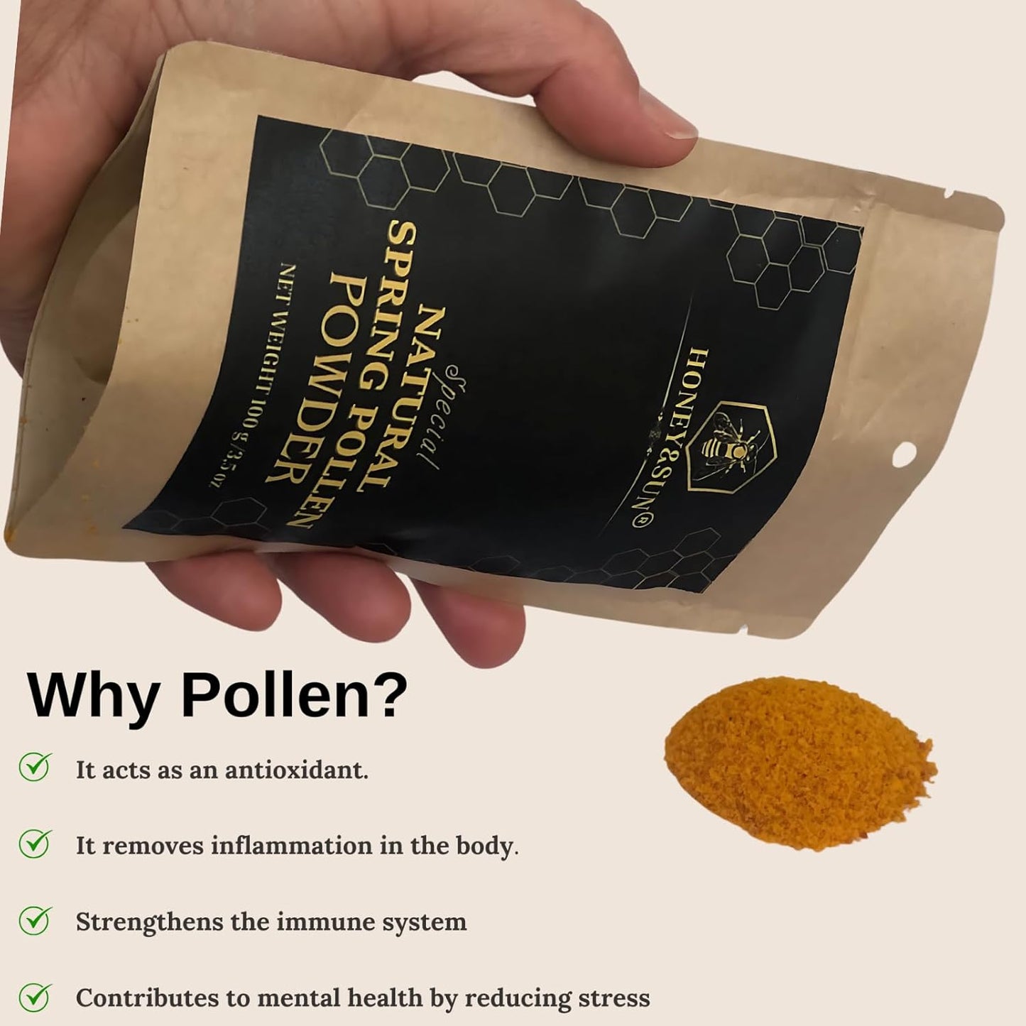 Organic 100% Raw Bee Pollen with Vitamin B, Minerals, Amino Acids, Protein - Gluten Free, Non-GMO, Halal - Natural Enzymes - 3.5 oz Honey&SUN