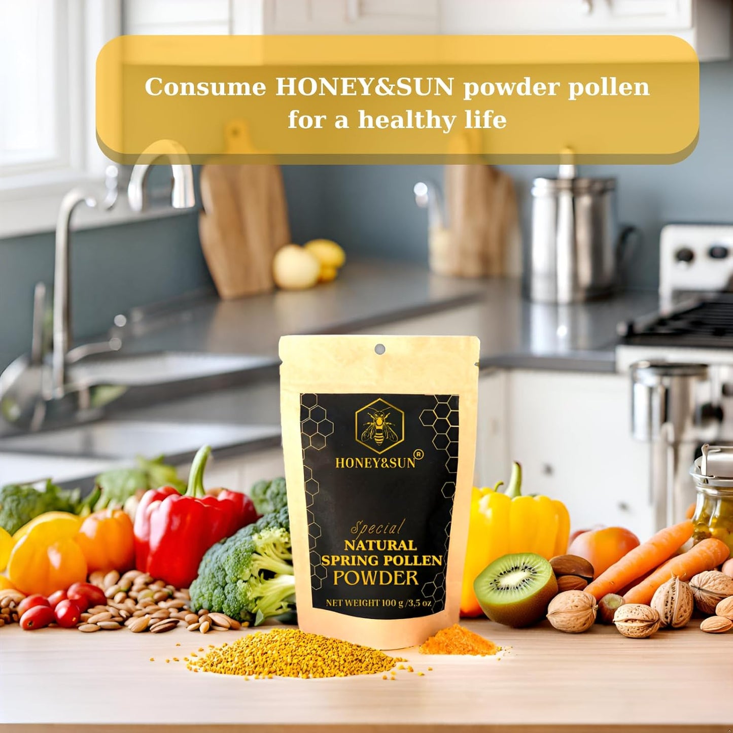 Organic 100% Raw Bee Pollen with Vitamin B, Minerals, Amino Acids, Protein - Gluten Free, Non-GMO, Halal - Natural Enzymes - 3.5 oz Honey&SUN