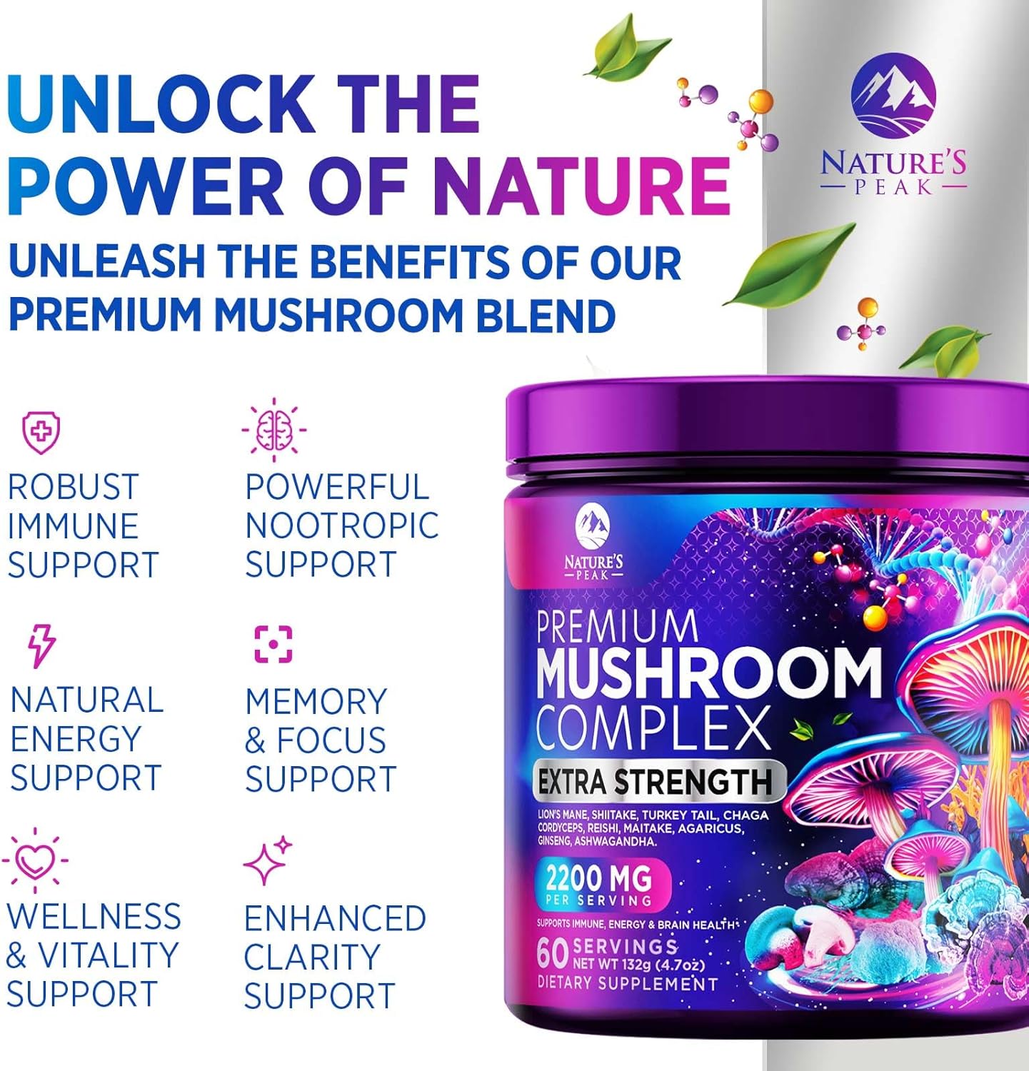Organic 11-in-1 Mushroom Extract Powder Supplement for Energy & Immune Support - Lions Mane, Reishi, Cordyceps, Chaga, Turkey Tail, Maitake - 60 Servings - BoostGo Australia