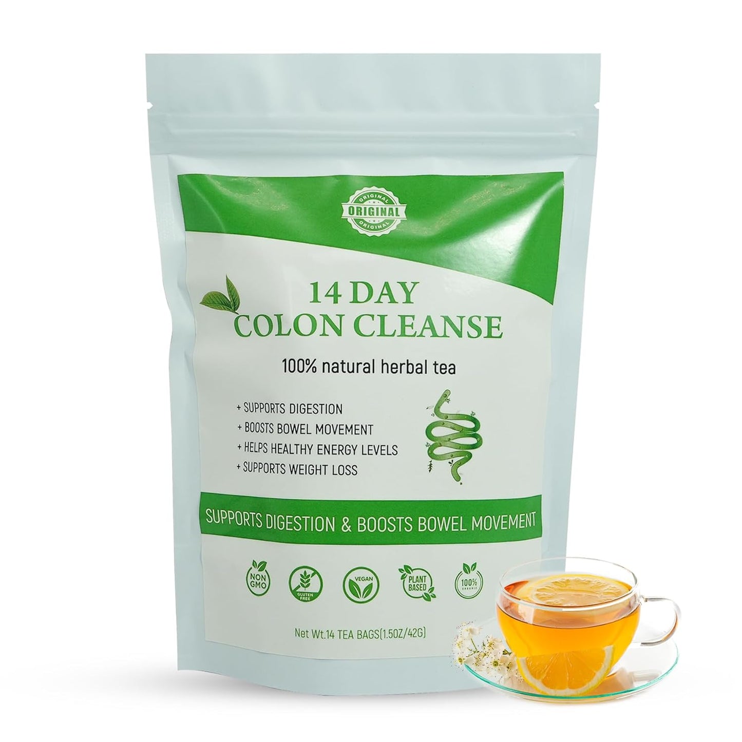 Organic 14 Day Colon Cleanse Tea for Body Detox & Digestive Health - Herbal Blend for Gentle Gut Cleanse - Caffeine Free
