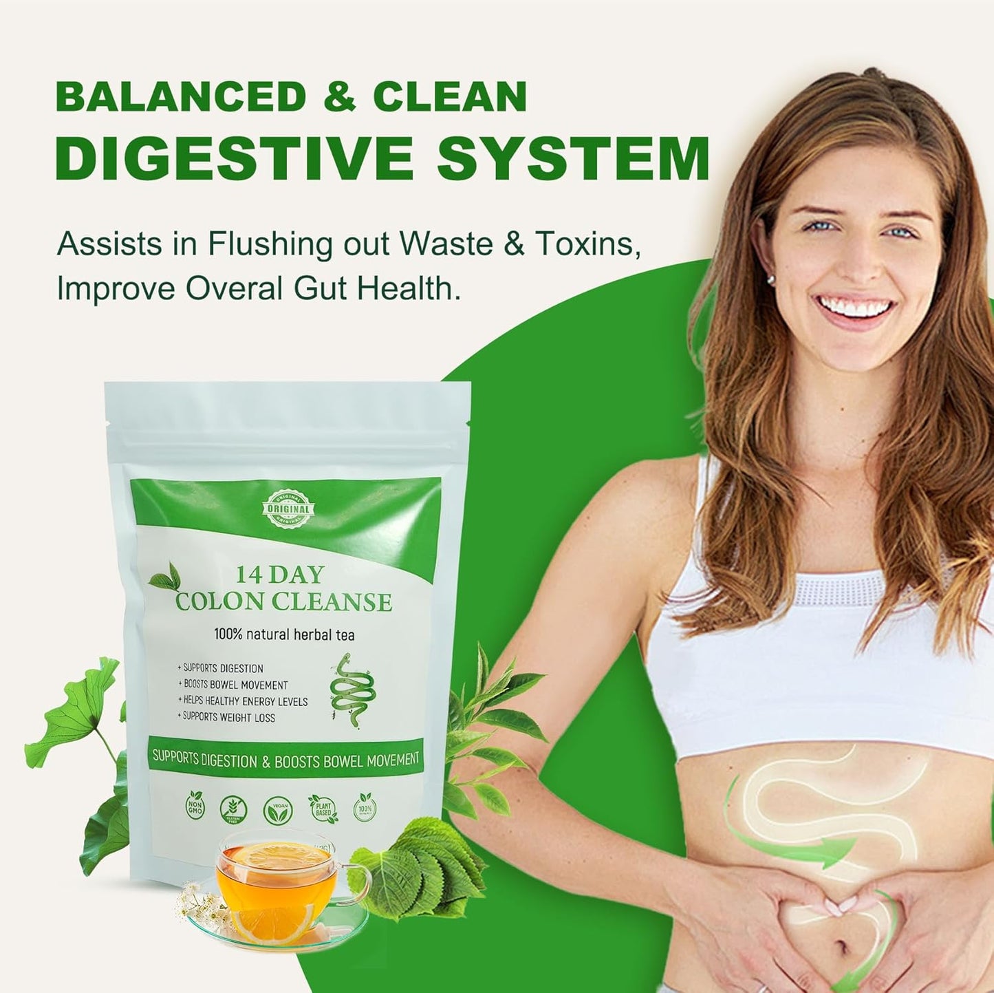 Organic 14 Day Colon Cleanse Tea for Body Detox & Digestive Health - Herbal Blend for Gentle Gut Cleanse - Caffeine Free