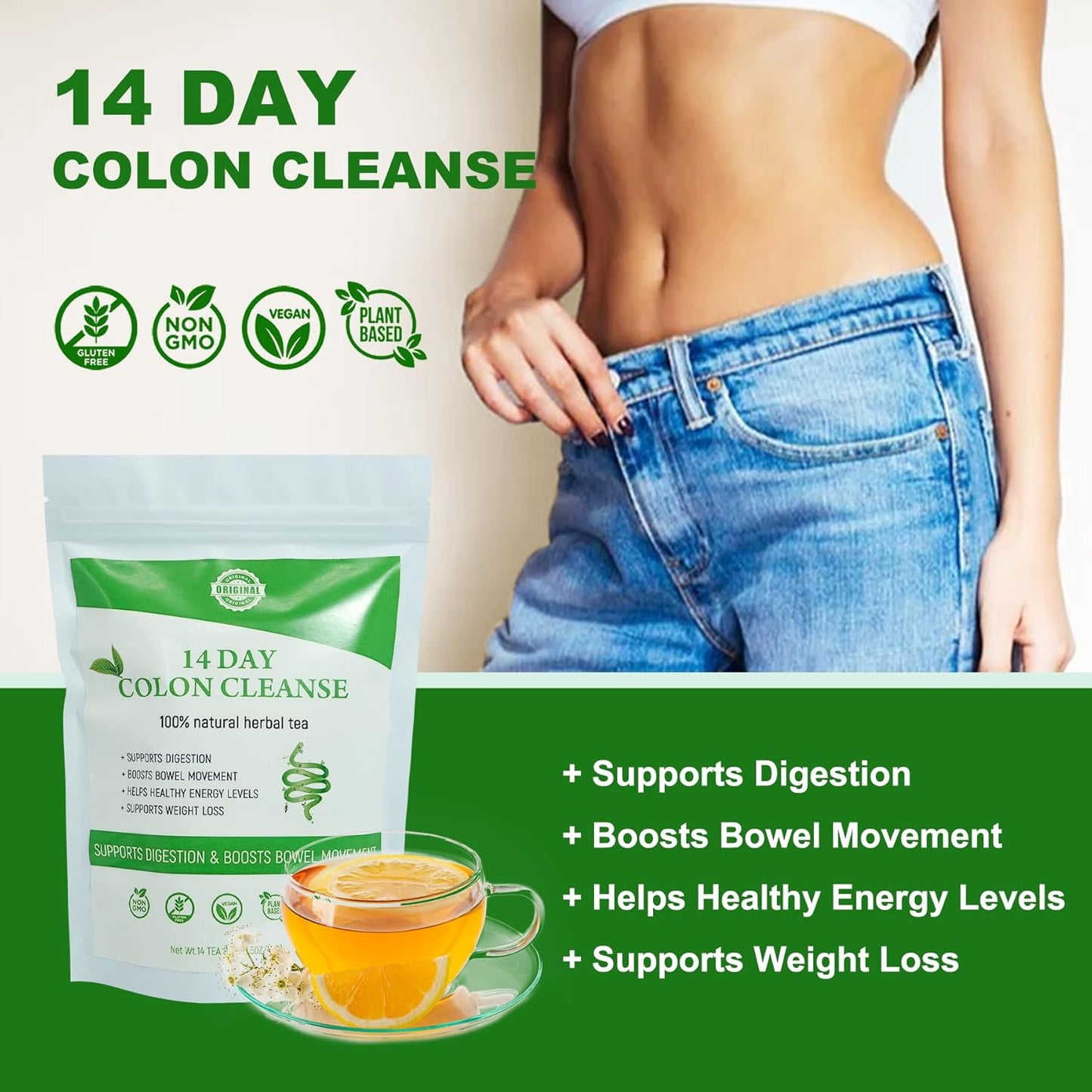 Organic 14 Day Colon Cleanse Tea for Body Detox & Digestive Health - Herbal Blend for Gentle Gut Cleanse - Caffeine Free