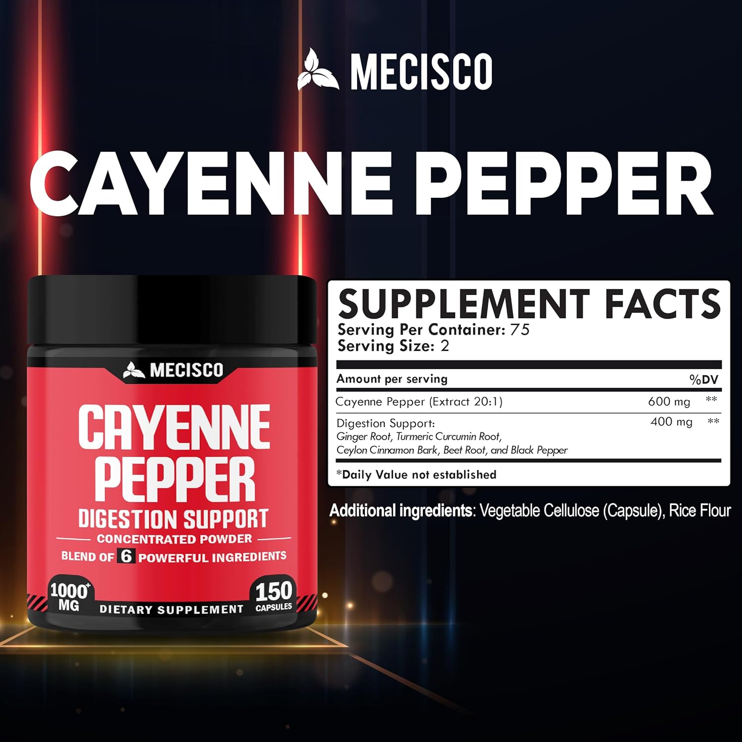 Organic 6-in-1 Cayenne Pepper Capsules with Ginger, Beet Root, Black Pepper - 150 Capsules for Digestion, Immunity, Joint & Heart Health