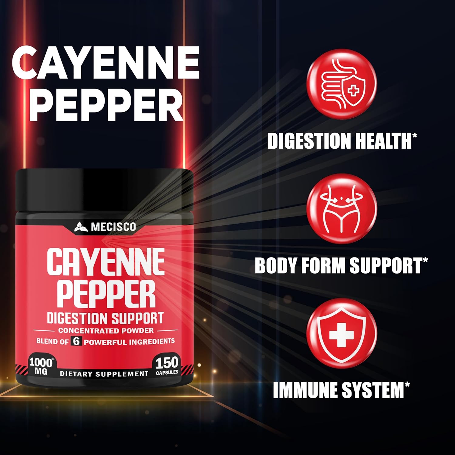 Organic 6-in-1 Cayenne Pepper Capsules with Ginger, Beet Root, Black Pepper - 150 Capsules for Digestion, Immunity, Joint & Heart Health