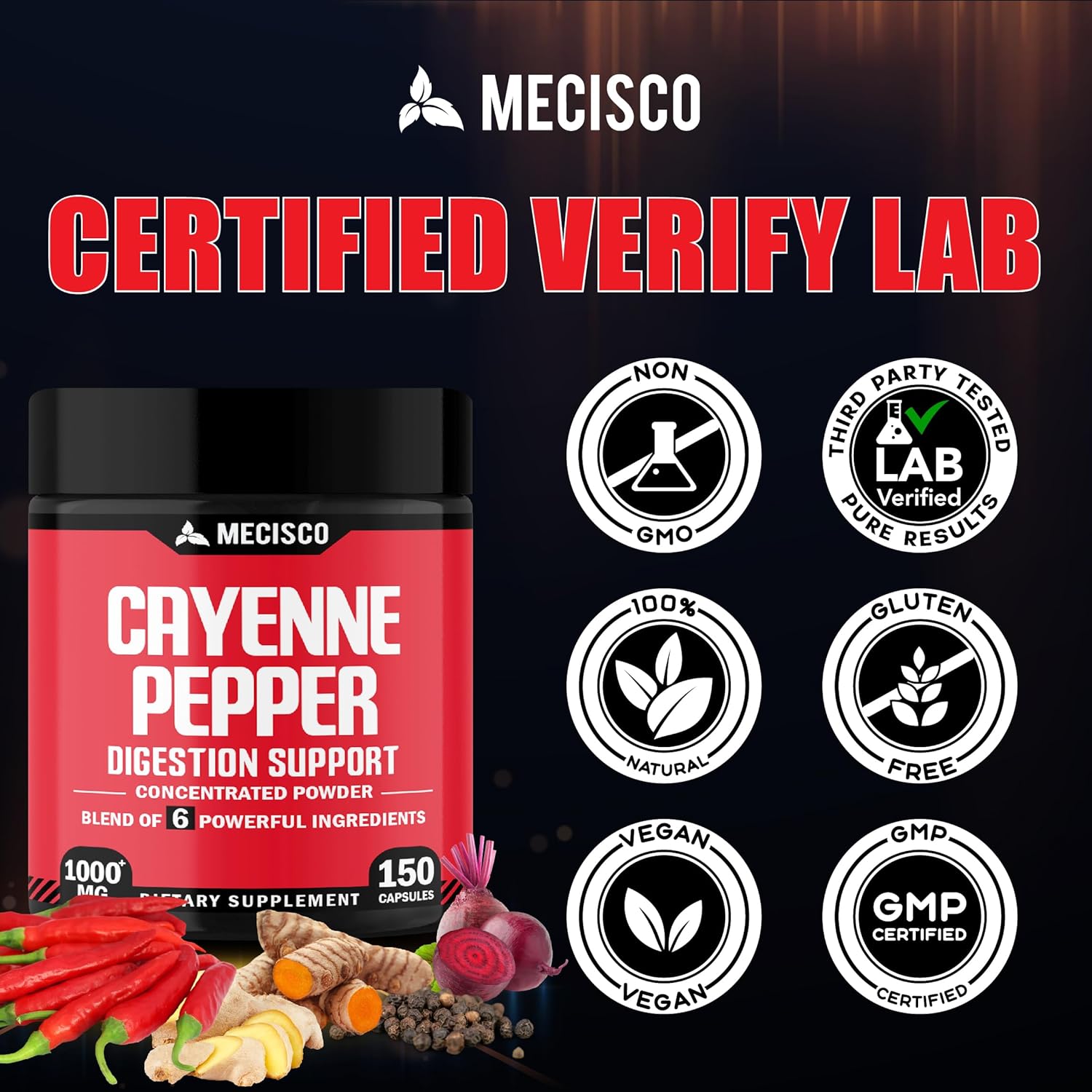 Organic 6-in-1 Cayenne Pepper Capsules with Ginger, Beet Root, Black Pepper - 150 Capsules for Digestion, Immunity, Joint & Heart Health