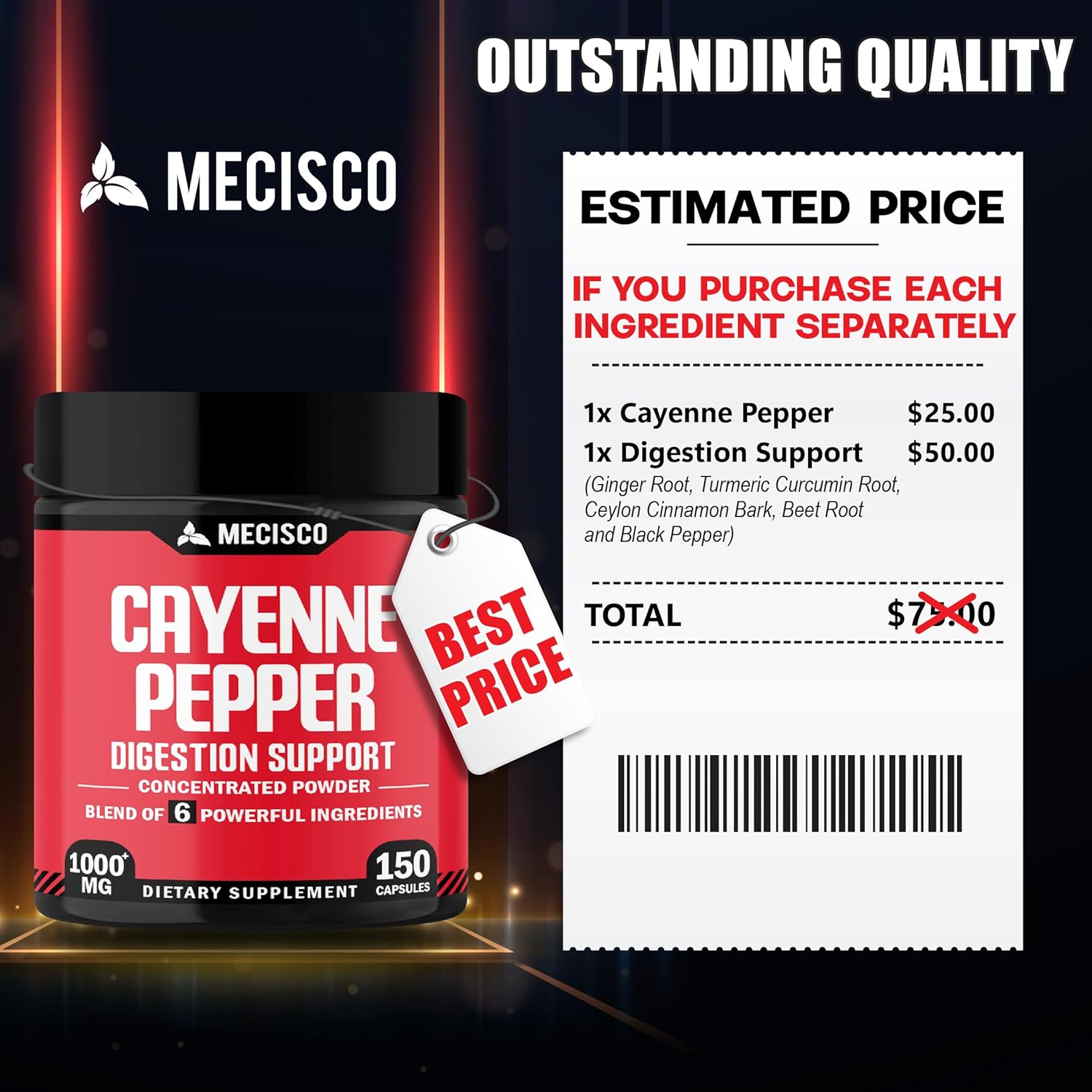Organic 6-in-1 Cayenne Pepper Capsules with Ginger, Beet Root, Black Pepper - 150 Capsules for Digestion, Immunity, Joint & Heart Health
