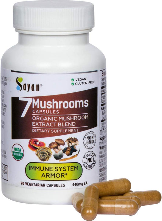 Organic 7 Mushroom Extract Capsules for Immune Support & Energy - Vegan, Non-GMO Blend of Chaga, Reishi, Lion's Mane, Maitake, Shiitake, Turkey Tail - 90 Capsules, 440mg ea, No Fillers
