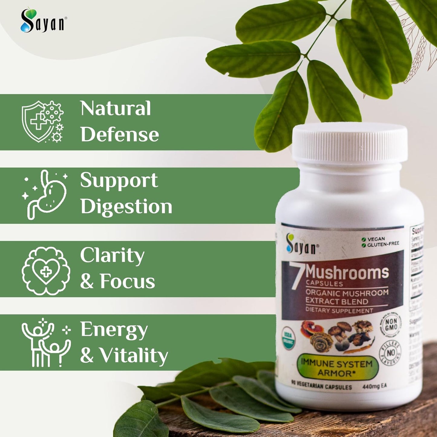 Organic 7 Mushroom Extract Capsules for Immune Support & Energy - Vegan, Non-GMO Blend of Chaga, Reishi, Lion's Mane, Maitake, Shiitake, Turkey Tail - 90 Capsules, 440mg ea, No Fillers