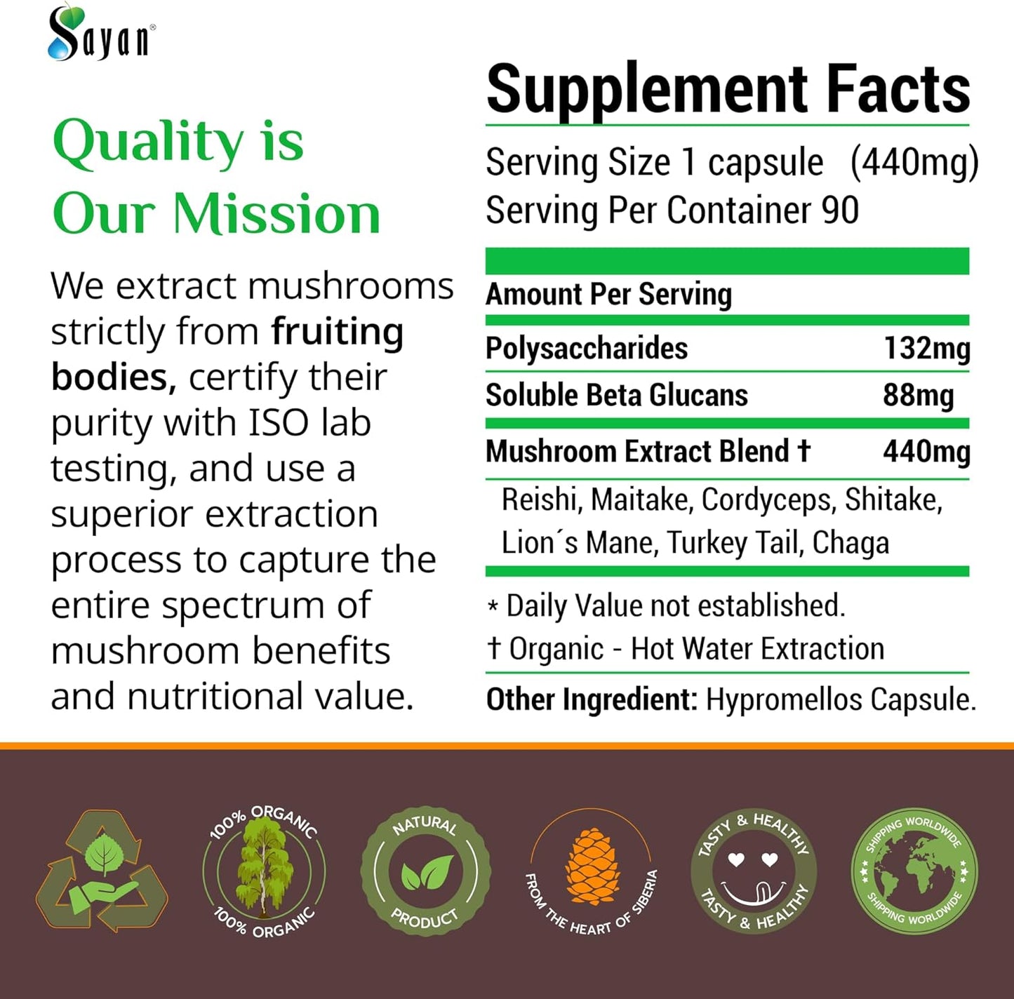 Organic 7 Mushroom Extract Capsules for Immune Support & Energy - Vegan, Non-GMO Blend of Chaga, Reishi, Lion's Mane, Maitake, Shiitake, Turkey Tail - 90 Capsules, 440mg ea, No Fillers