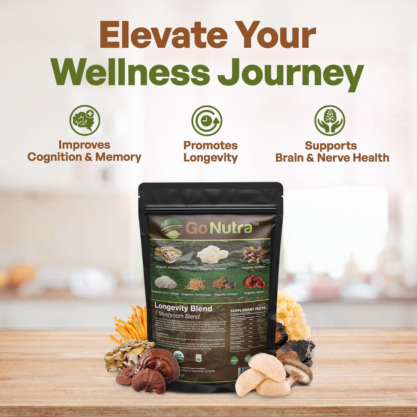 Organic 7 Mushroom Supplement Powder with Lion’s Mane, Chaga, Shiitake, Maitake, Reishi, Tremella, and Cordyceps - Non-GMO, Gluten-Free, Vegan - 4 oz