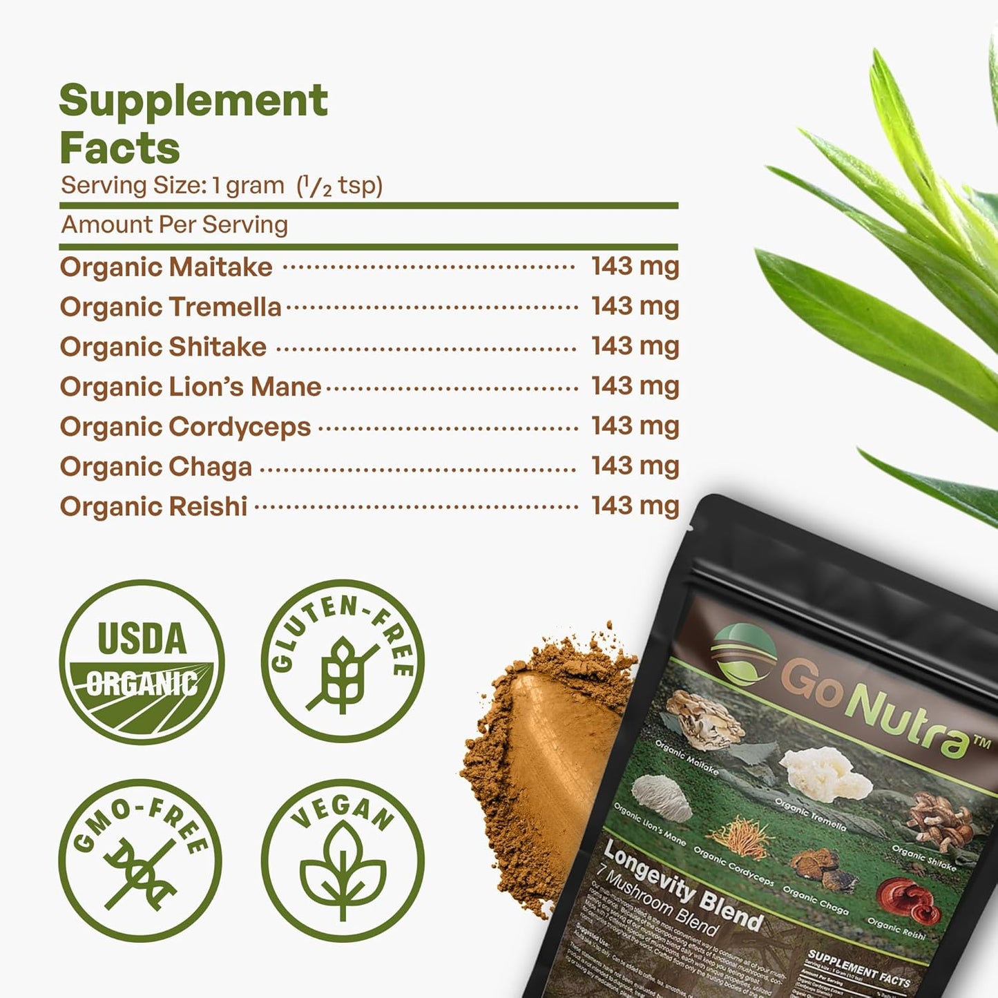 Organic 7 Mushroom Supplement Powder with Lion’s Mane, Chaga, Shiitake, Maitake, Reishi, Tremella, and Cordyceps - Non-GMO, Gluten-Free, Vegan - 4 oz