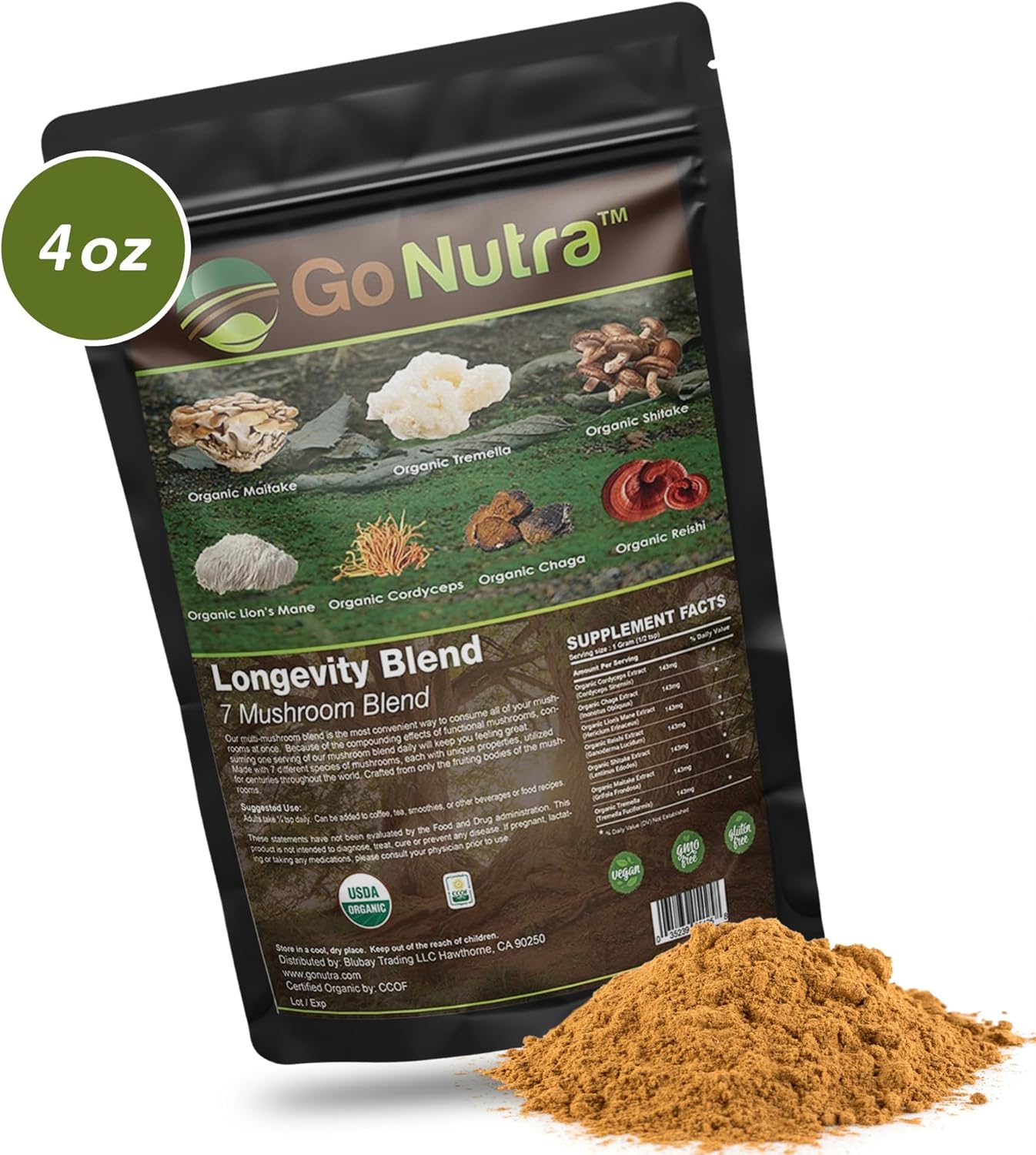 Organic 7 Mushroom Supplement Powder with Lion’s Mane, Chaga, Shiitake, Maitake, Reishi, Tremella, and Cordyceps - Non-GMO, Gluten-Free, Vegan - 4 oz