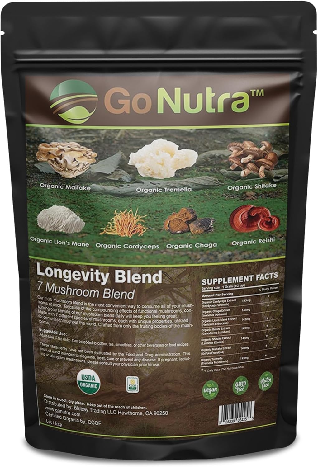 Organic 7 Mushroom Supplement Powder with Lion’s Mane, Chaga, Shiitake, Maitake, Reishi, Tremella, and Cordyceps - Non-GMO, Gluten-Free, Vegan - 4 oz