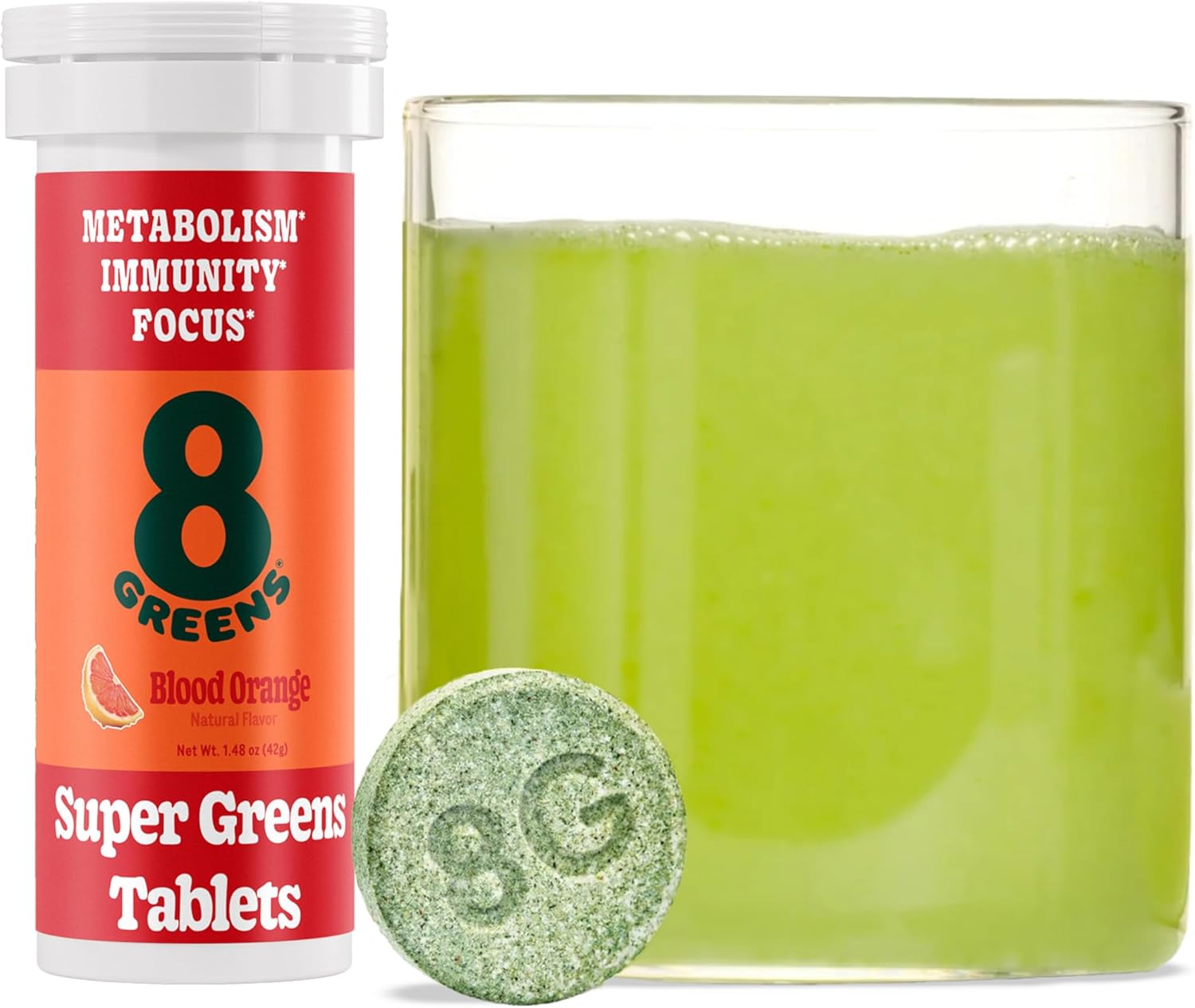 Organic 8Greens Supergreens Tablets for Metabolism, Immunity & Focus - Super Greens Powder Superfood Effervescent Tablet with Aloe Vera, Spirulina, Chlorella, Blood Orange - 10 Servings