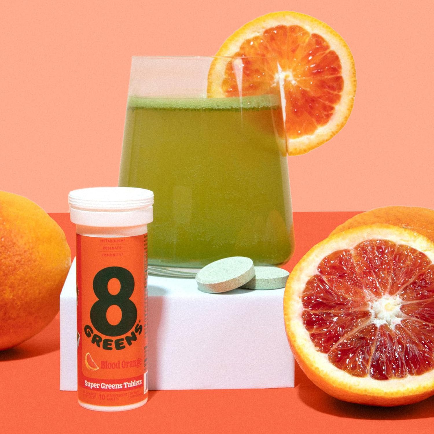 Organic 8Greens Supergreens Tablets for Metabolism, Immunity & Focus - Super Greens Powder Superfood Effervescent Tablet with Aloe Vera, Spirulina, Chlorella, Blood Orange - 10 Servings