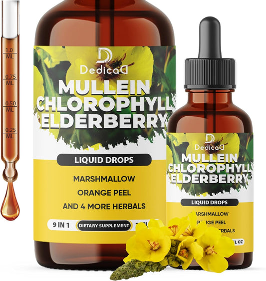 Organic 9in1 Mullein Drops for Lungs - Chlorophyll & 7 Supplement Blend - Respiratory Health Support - 2 fl oz