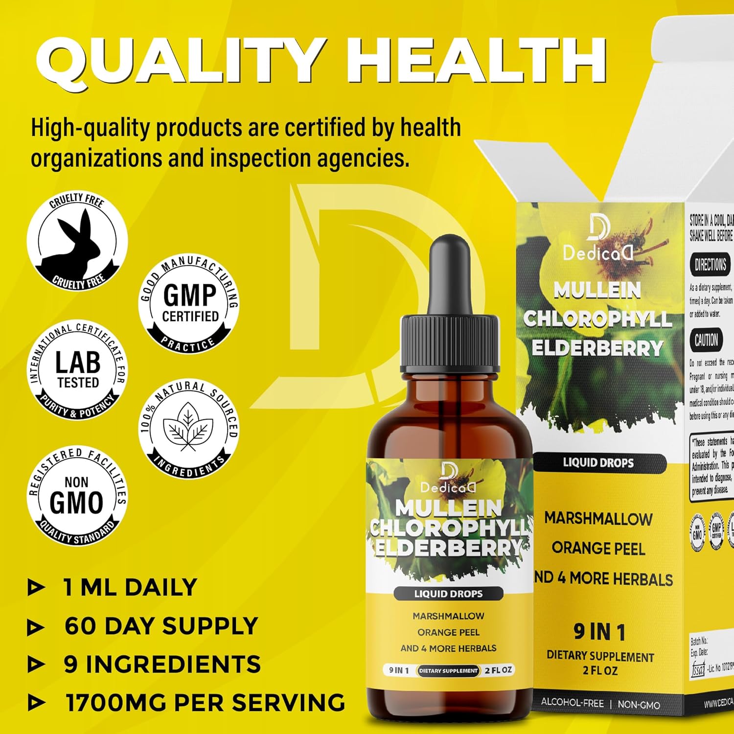 Organic 9in1 Mullein Drops for Lungs - Chlorophyll & 7 Supplement Blend - Respiratory Health Support - 2 fl oz