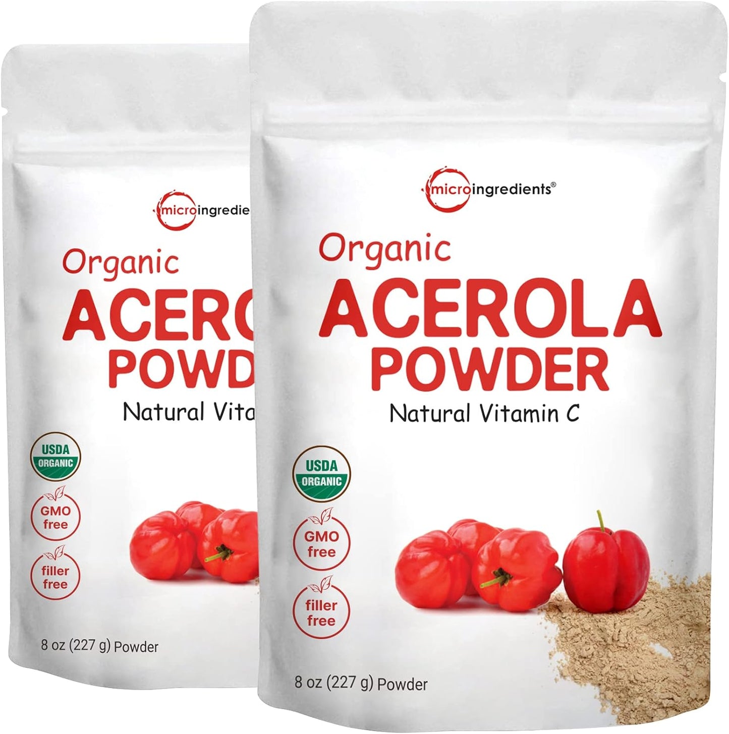Organic Acerola Cherry Powder 2 Pack - Natural Vitamin C Boost for Immune System - 8oz USDA Organic, Non-GMO, Gluten-Free - Brazil-Origin