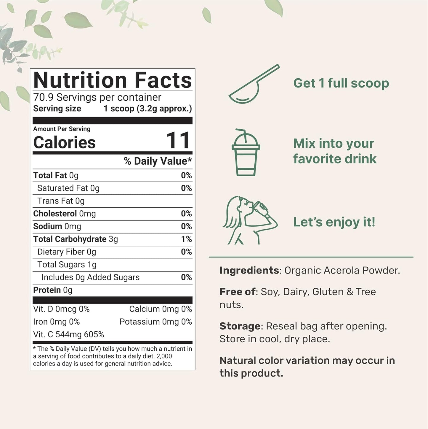 Organic Acerola Cherry Powder 2 Pack - Natural Vitamin C Boost for Immune System - 8oz USDA Organic, Non-GMO, Gluten-Free - Brazil-Origin