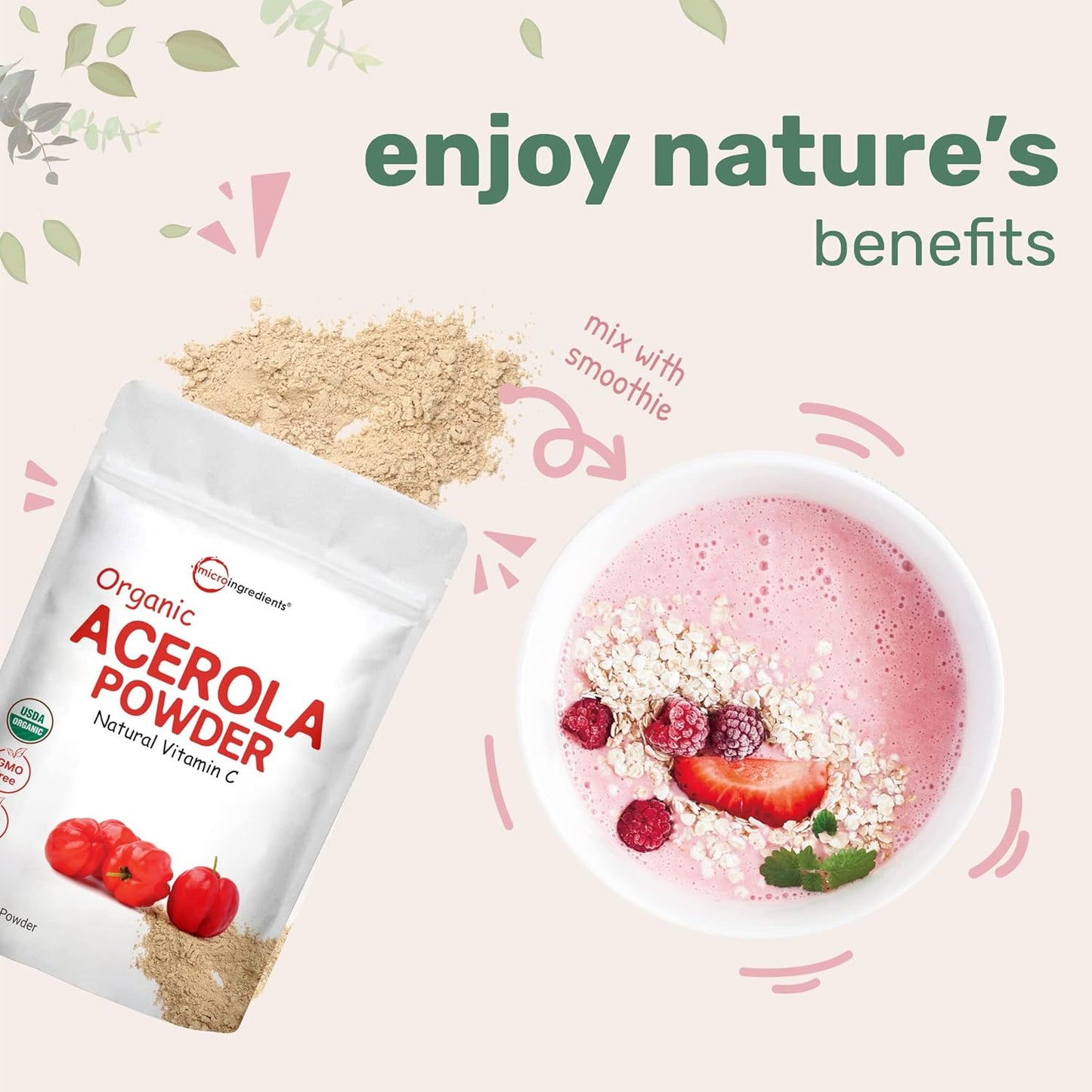 Organic Acerola Cherry Powder 2 Pack - Natural Vitamin C Boost for Immune System - 8oz USDA Organic, Non-GMO, Gluten-Free - Brazil-Origin