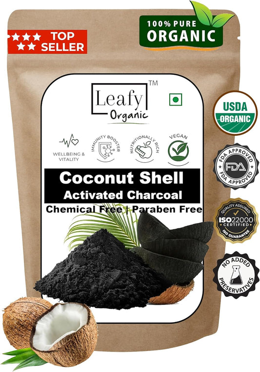 Organic Activated Charcoal Powder for Teeth Whitening, Skin Rejuvenation, Hair Care, Digestive Support - Coconut Leafy Formula
