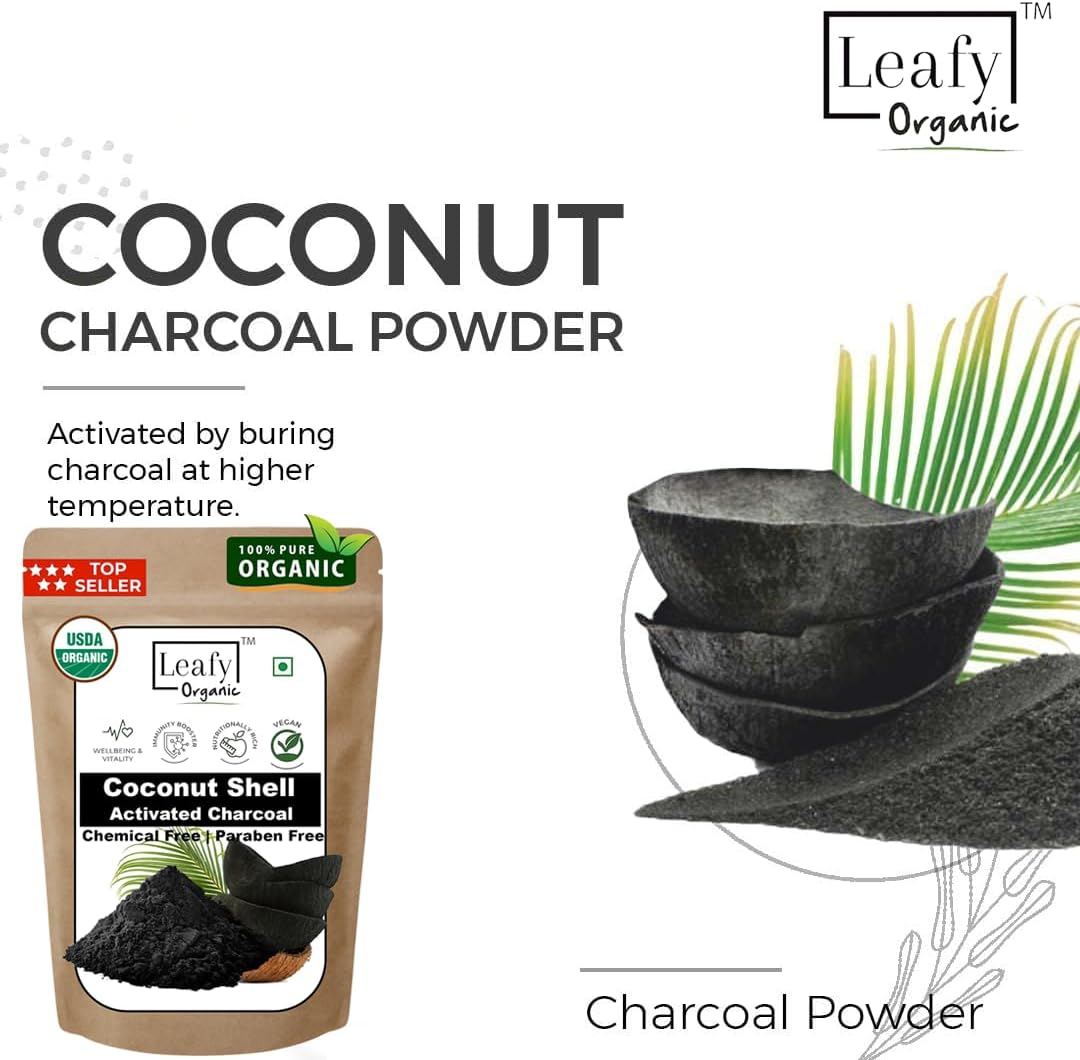 Organic Activated Charcoal Powder for Teeth Whitening, Skin Rejuvenation, Hair Care, Digestive Support - Coconut Leafy Formula