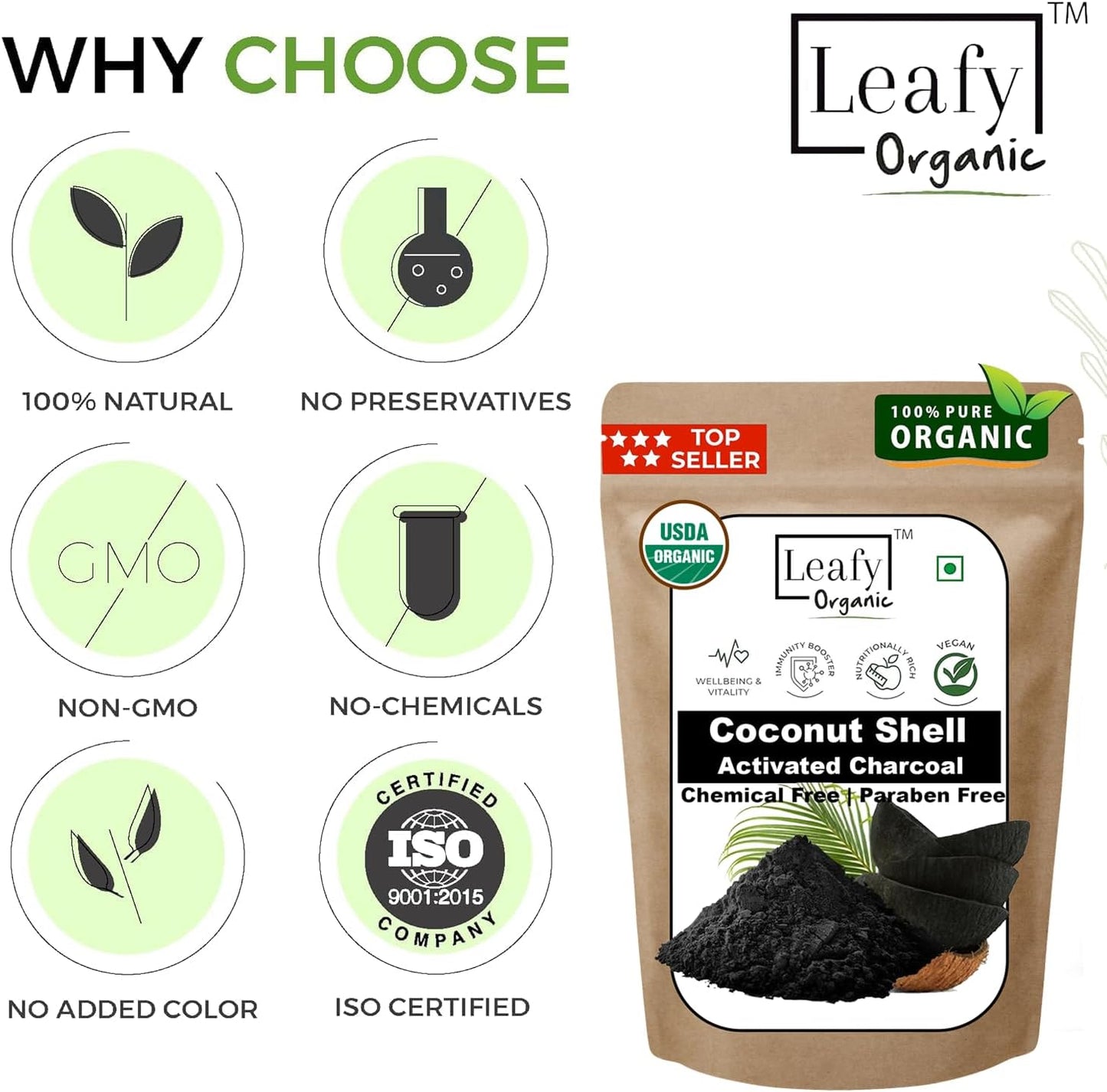 Organic Activated Charcoal Powder for Teeth Whitening, Skin Rejuvenation, Hair Care, Digestive Support - Coconut Leafy Formula