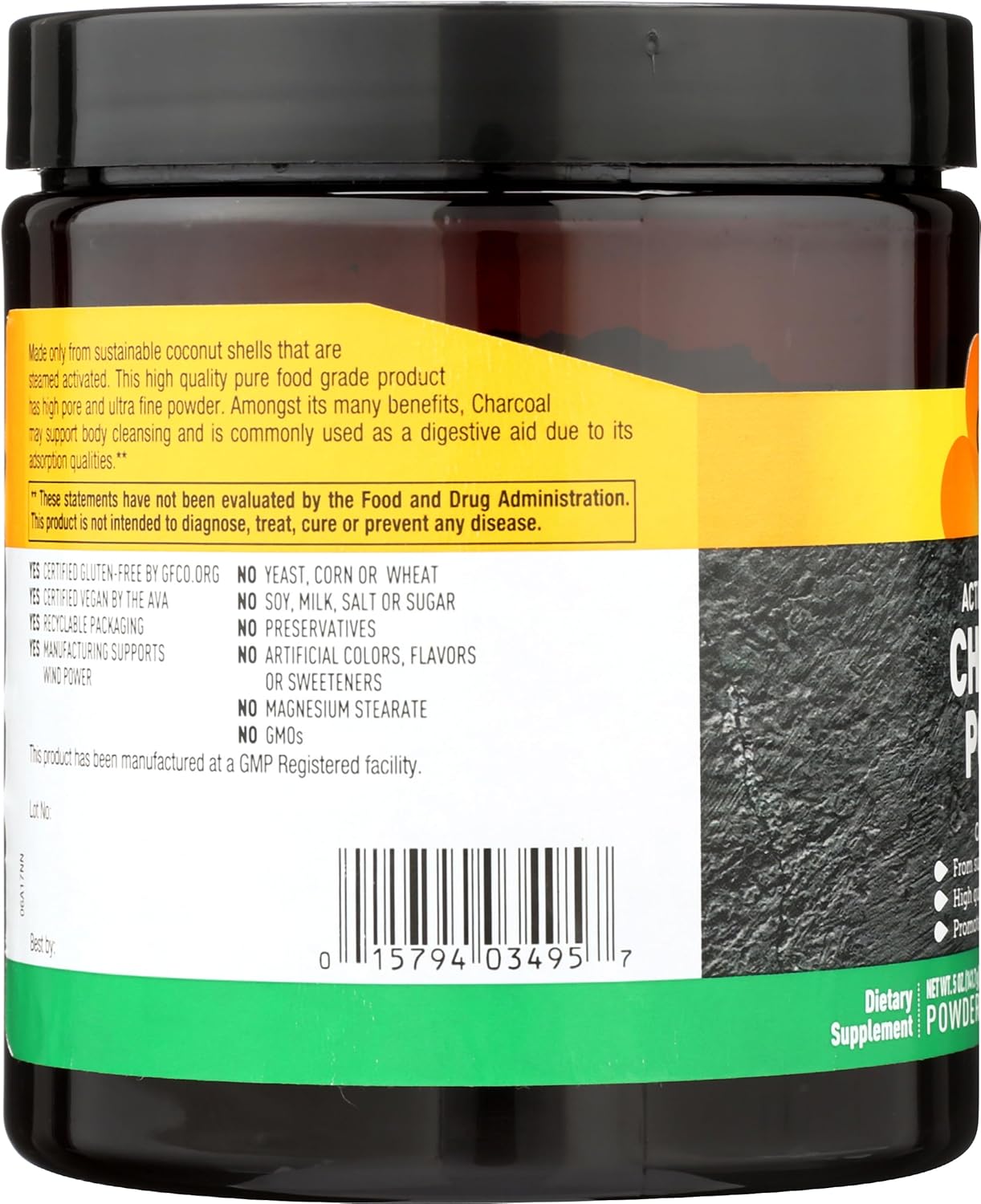 Organic Activated Coconut Charcoal Powder 500mg – Digestive Health, Gas & Bloating Relief - Non-GMO, Gluten-Free, Vegan - 5oz Powder