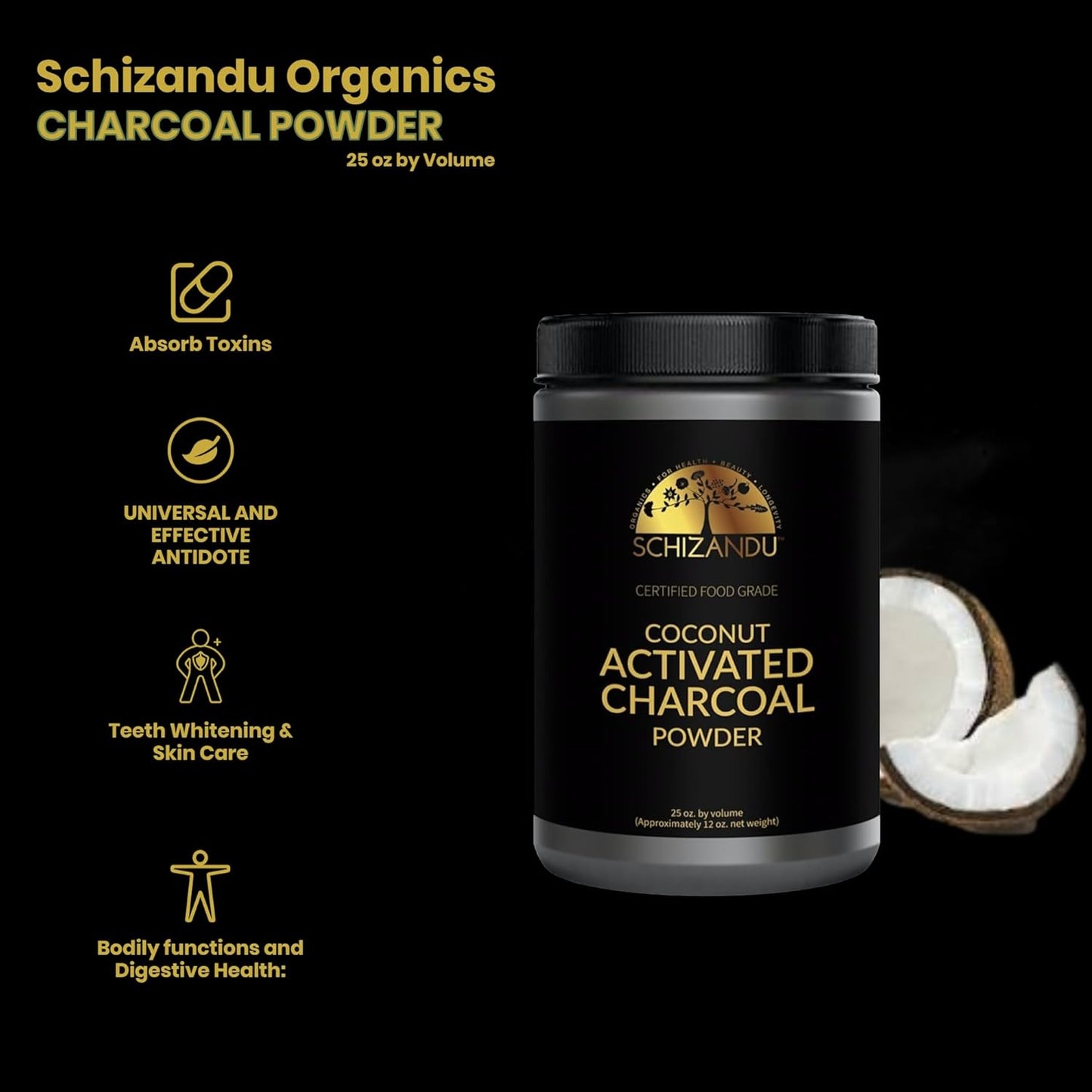 Organic Activated Coconut Charcoal Powder for Skin, Body, Oral Health, Teeth Whitening | Dietary Supplement by Schizandu