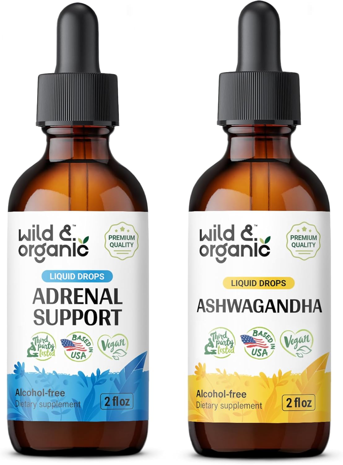 Organic Adrenal Support and Ashwagandha Tincture Bundle - 2 fl oz Each