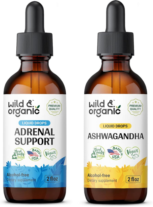 Organic Adrenal Support and Ashwagandha Tincture Bundle - 2 fl oz Each