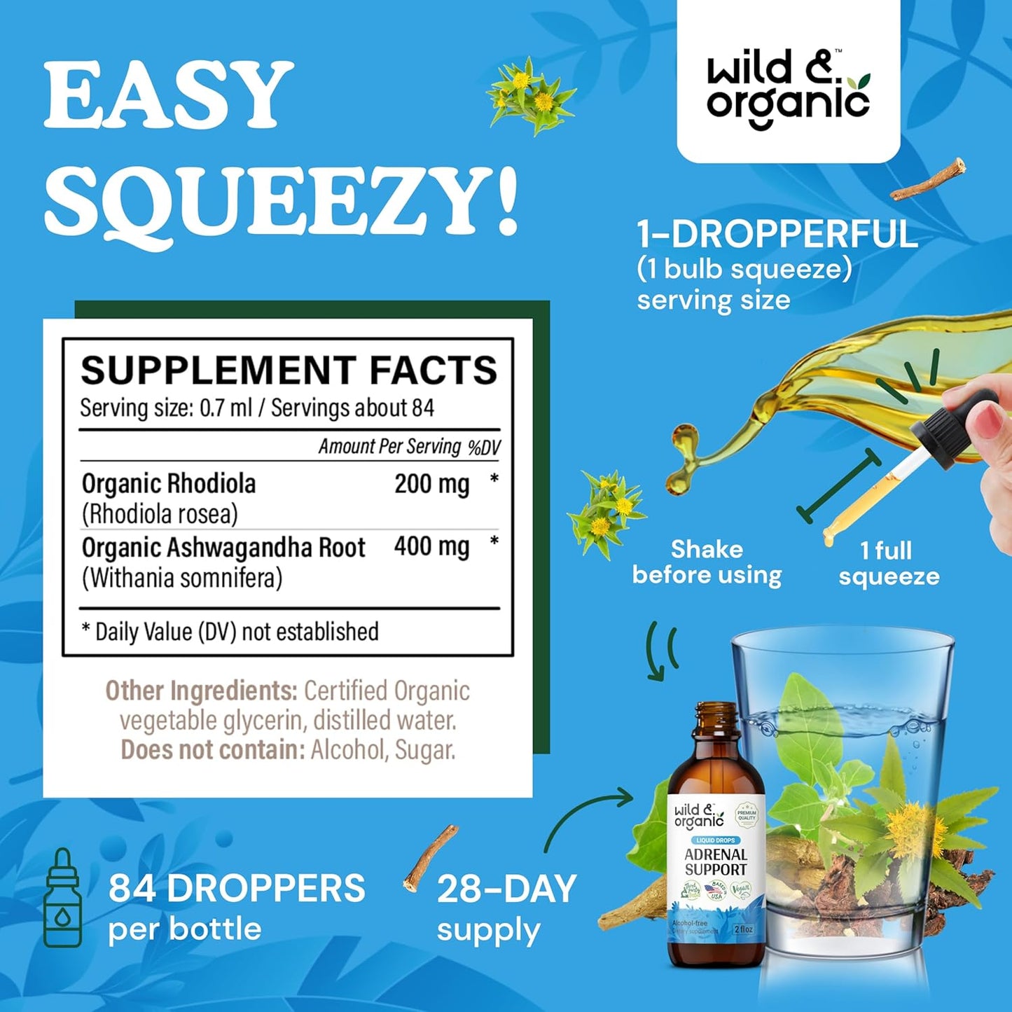 Organic Adrenal Support and Ashwagandha Tincture Bundle - 2 fl oz Each