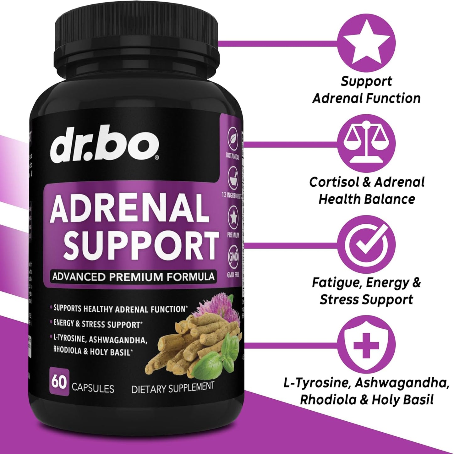 Organic Adrenal Support Capsules with Ashwagandha & Holy Basil for Men and Women - Natural Cortisol Manager and Energy Booster