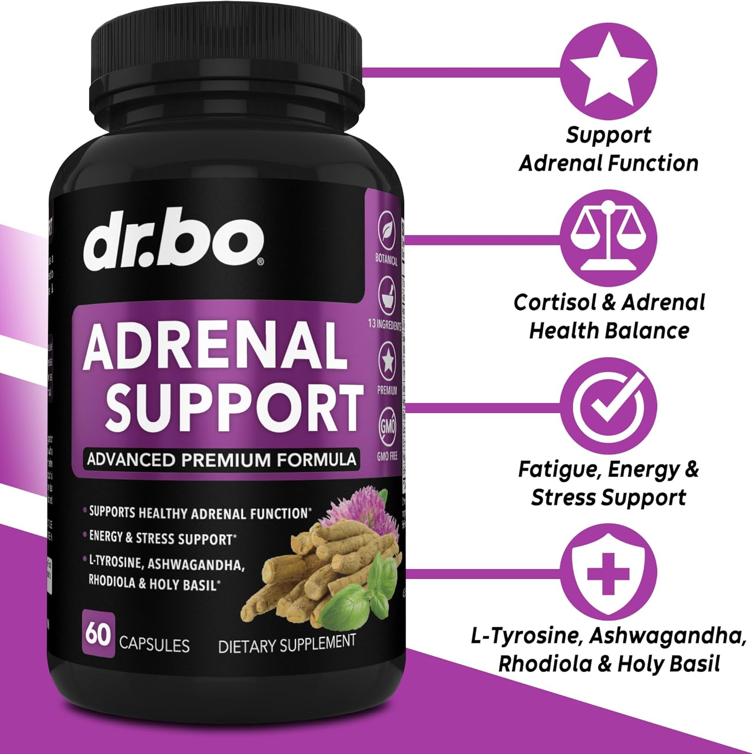 Organic Adrenal Support Capsules with Ashwagandha & Holy Basil for Men and Women - Natural Cortisol Manager and Energy Booster