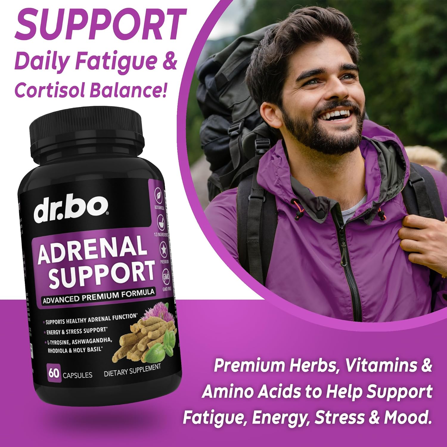 Organic Adrenal Support Capsules with Ashwagandha & Holy Basil for Men and Women - Natural Cortisol Manager and Energy Booster