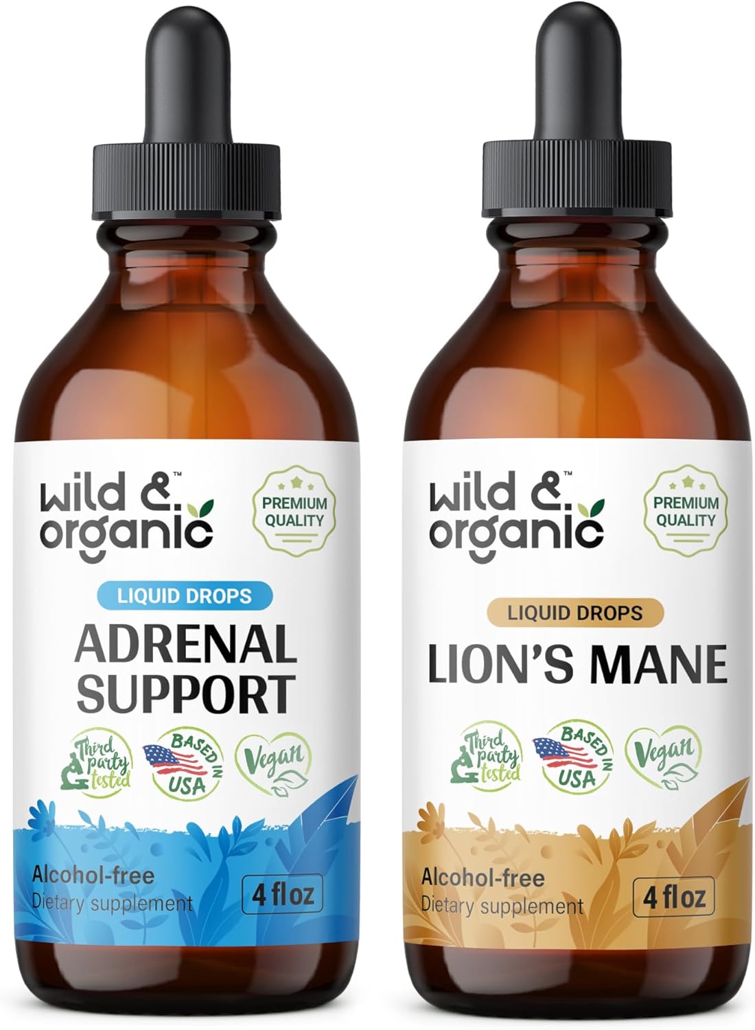 Organic Adrenal Support & Lion's Mane Tincture Bundle - 4 fl oz Each