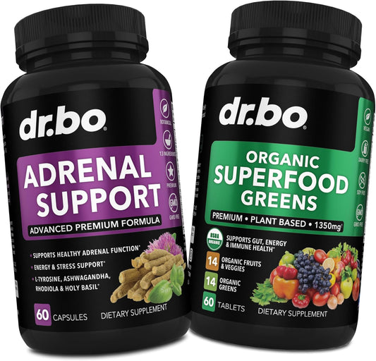 Organic Adrenal Support & Superfood Greens with Fruit Supplements for Daily Energy Boost