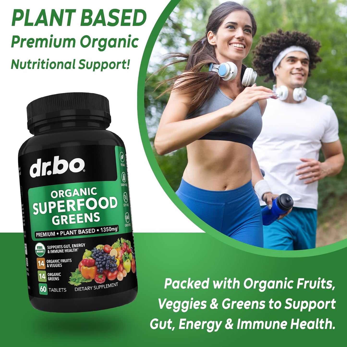 Organic Adrenal Support & Superfood Greens with Fruit Supplements for Daily Energy Boost