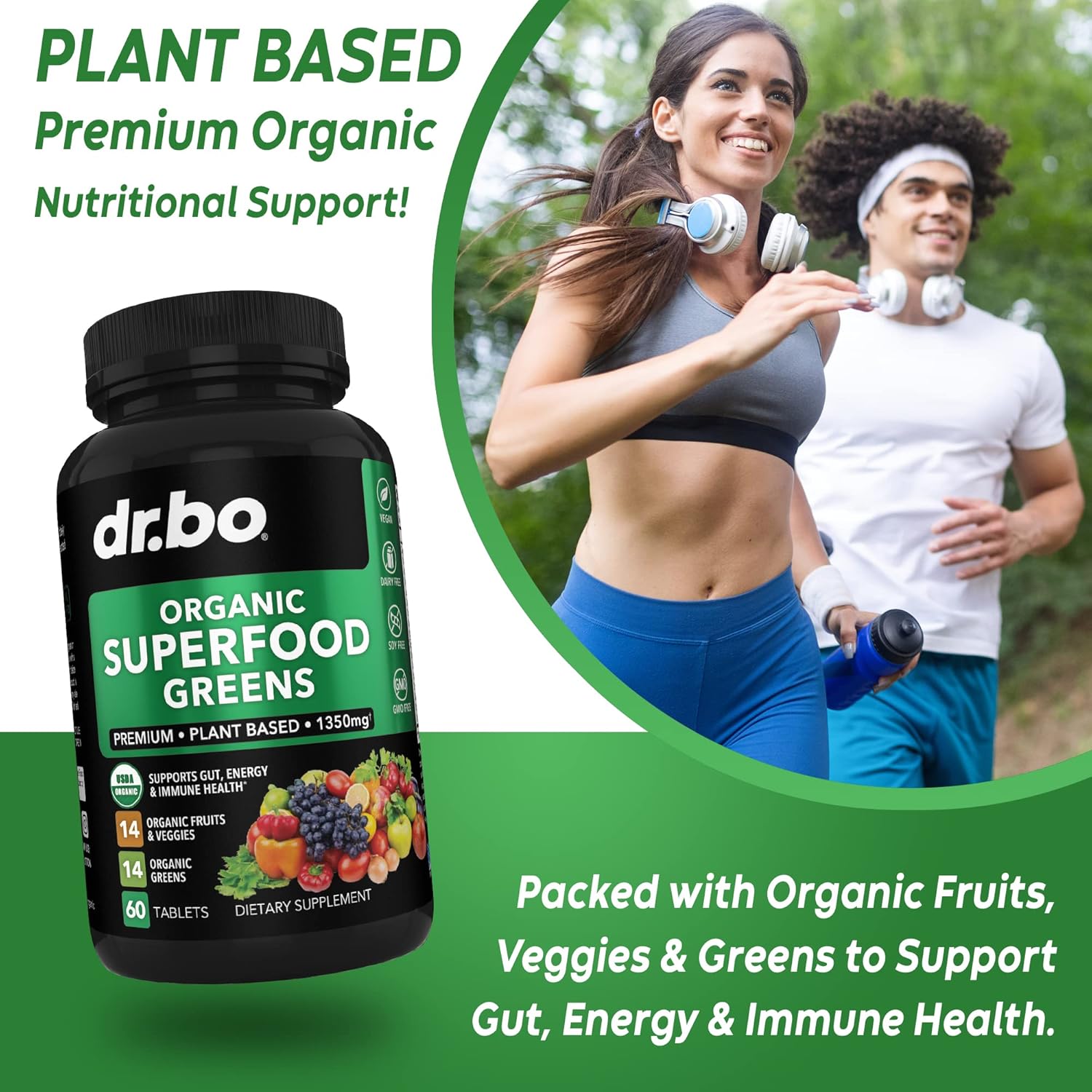 Organic Adrenal Support & Superfood Greens with Fruit Supplements for Daily Energy Boost